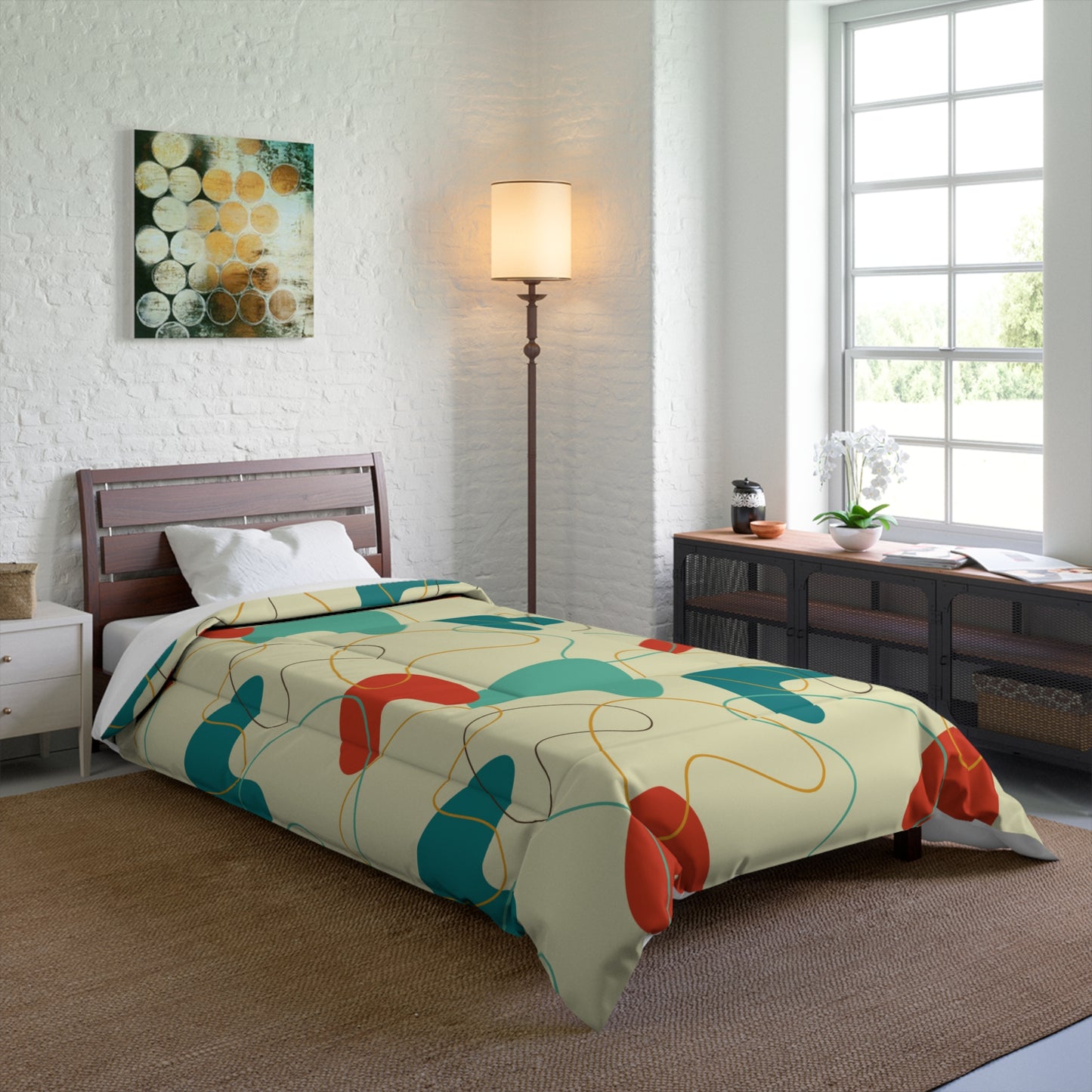 Retro 50's Atomic Boomerang Mid Century Mod Blue, Orange & Cream Comforter