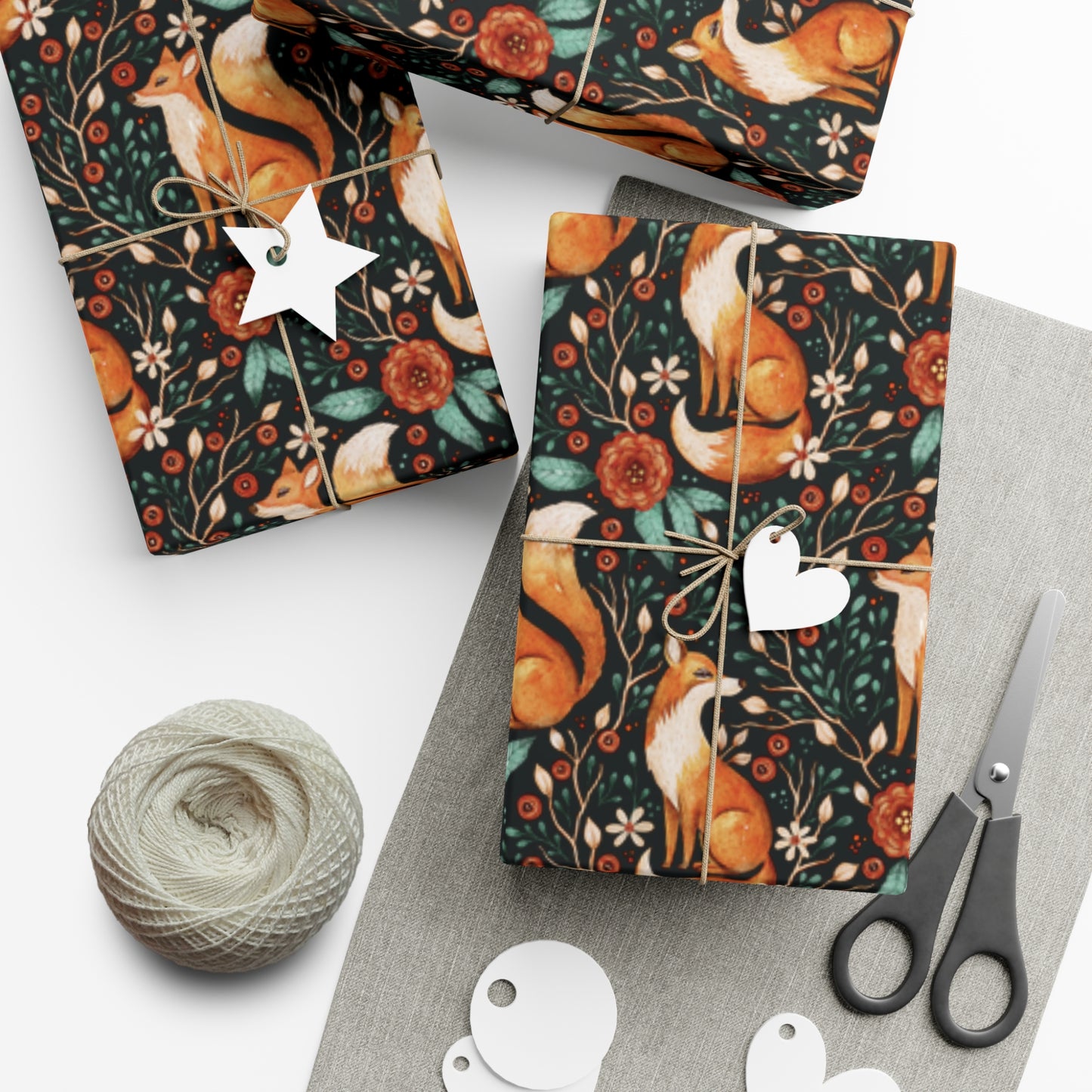 Enchanted Woodland Fox, Dark Cottagecore Watercolor Style Black Eco-Friendly Gift Wrap