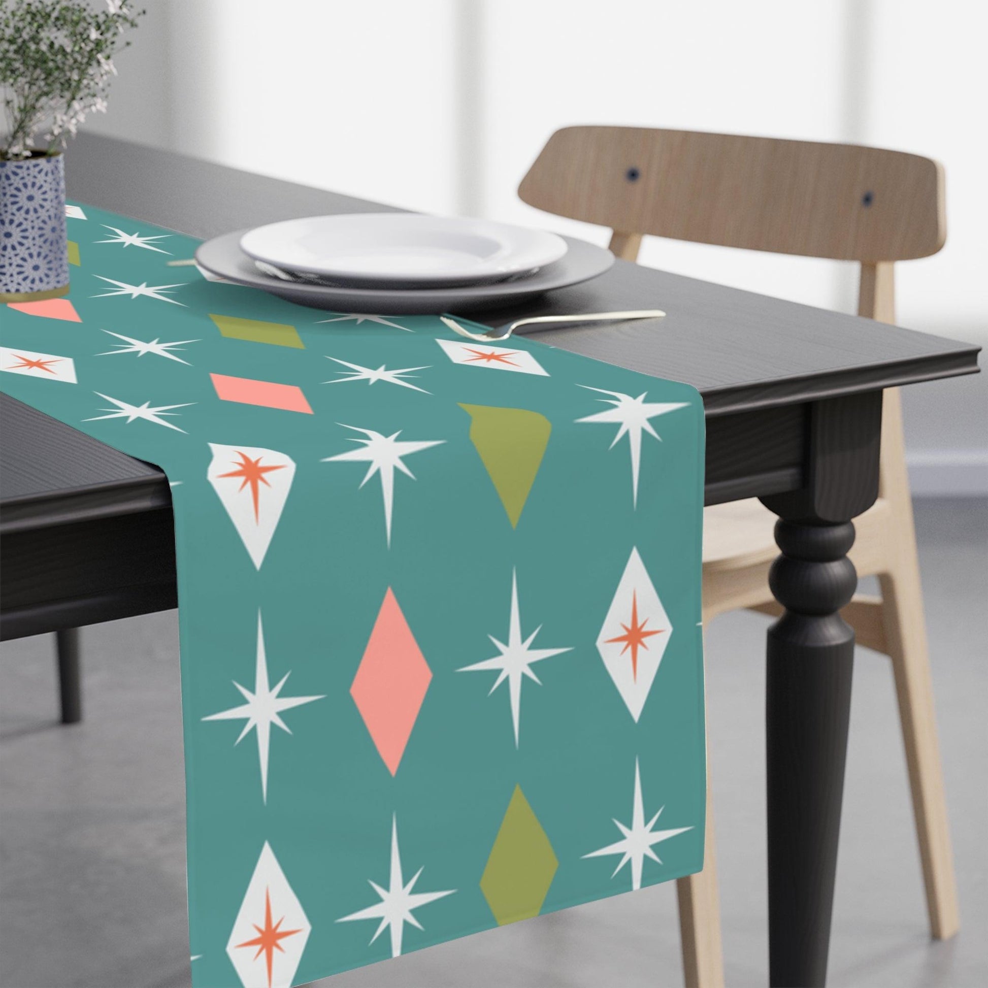 Retro Atomic Bursts & Diamonds MCM Teal, Pink & Green Table Runner | lovevisionkarma.com