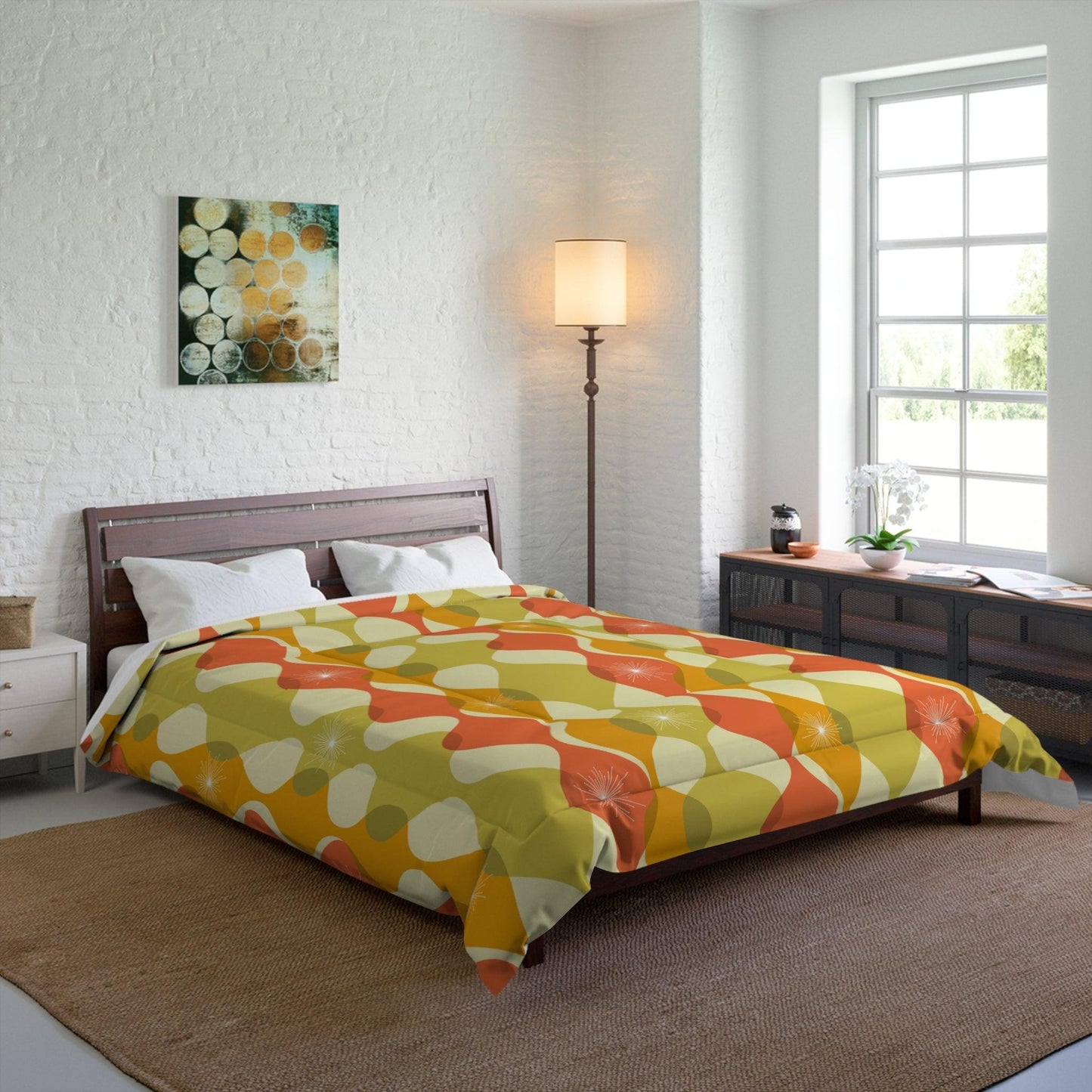 Retro 60s 70s Mid Century Mod Groovy Abstract Green, Orange & Mustard Comforter | lovevisionkarma.com