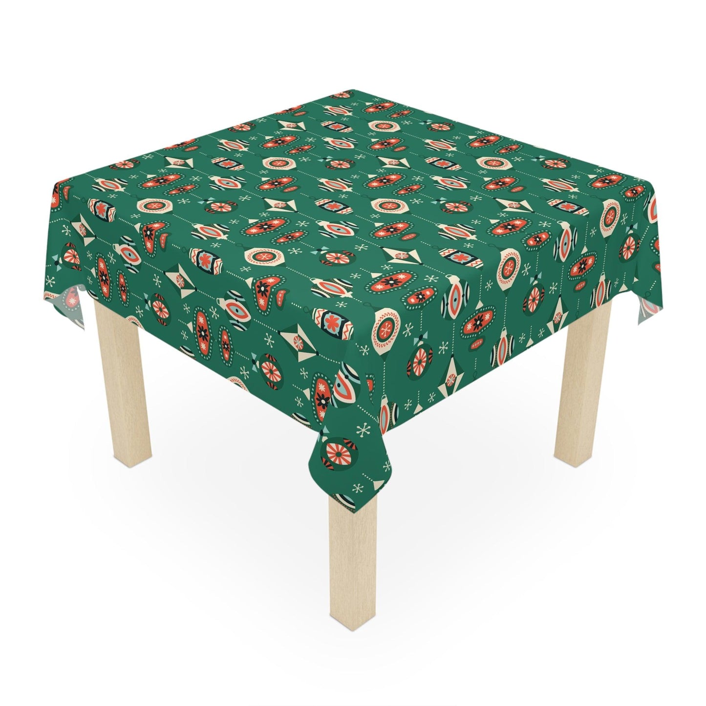 Retro 1950s Christmas Mid Century Mod Baubles & Ornaments Green Holiday Tablecloth | lovevisionkarma.com