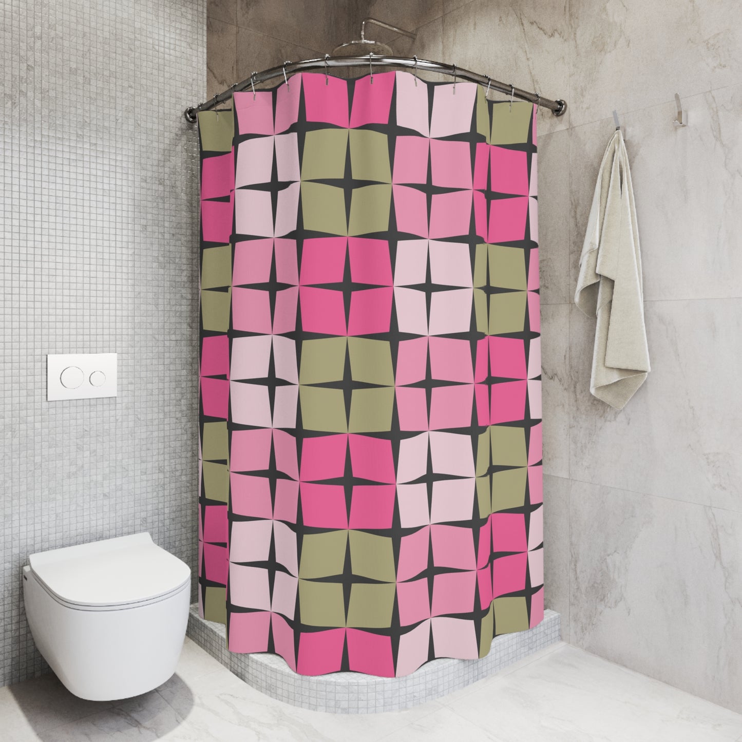 Palm Springs Inspired Retro 50s 60s Atomic Star Mid Century Mod Pink & Green Shower Curtain
