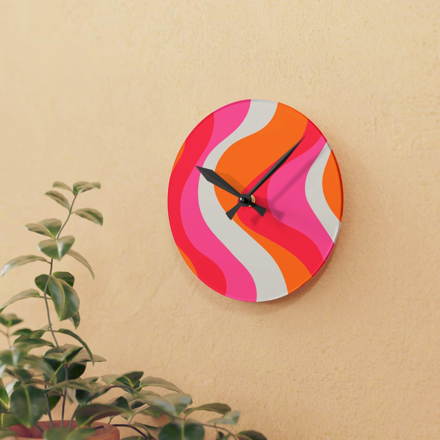 Groovy 60's Hippie Swirl Pink & Orange Mid Century Mod Acrylic Wall Clock | lovevisionkarma.com