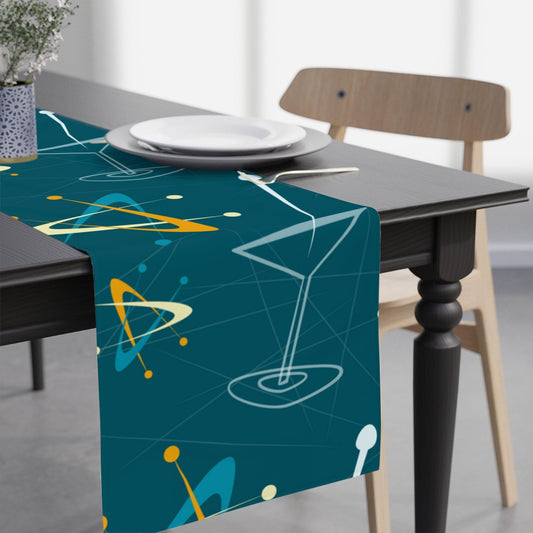 Atomic Mid Century Modern Table Runner Dark Blue Martini & Boomerang Retro Table Linens | lovevisionkarma.com