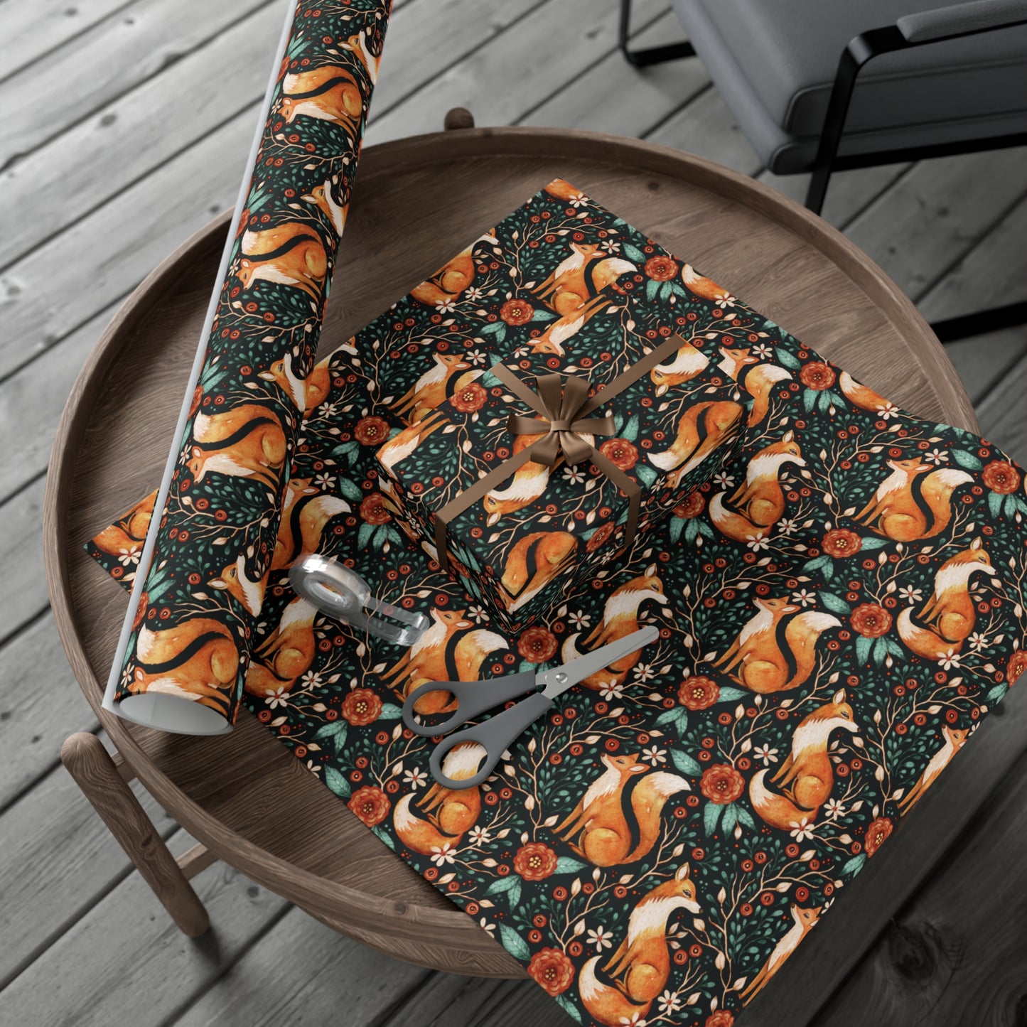 Enchanted Woodland Fox, Dark Cottagecore Watercolor Style Black Eco-Friendly Gift Wrap