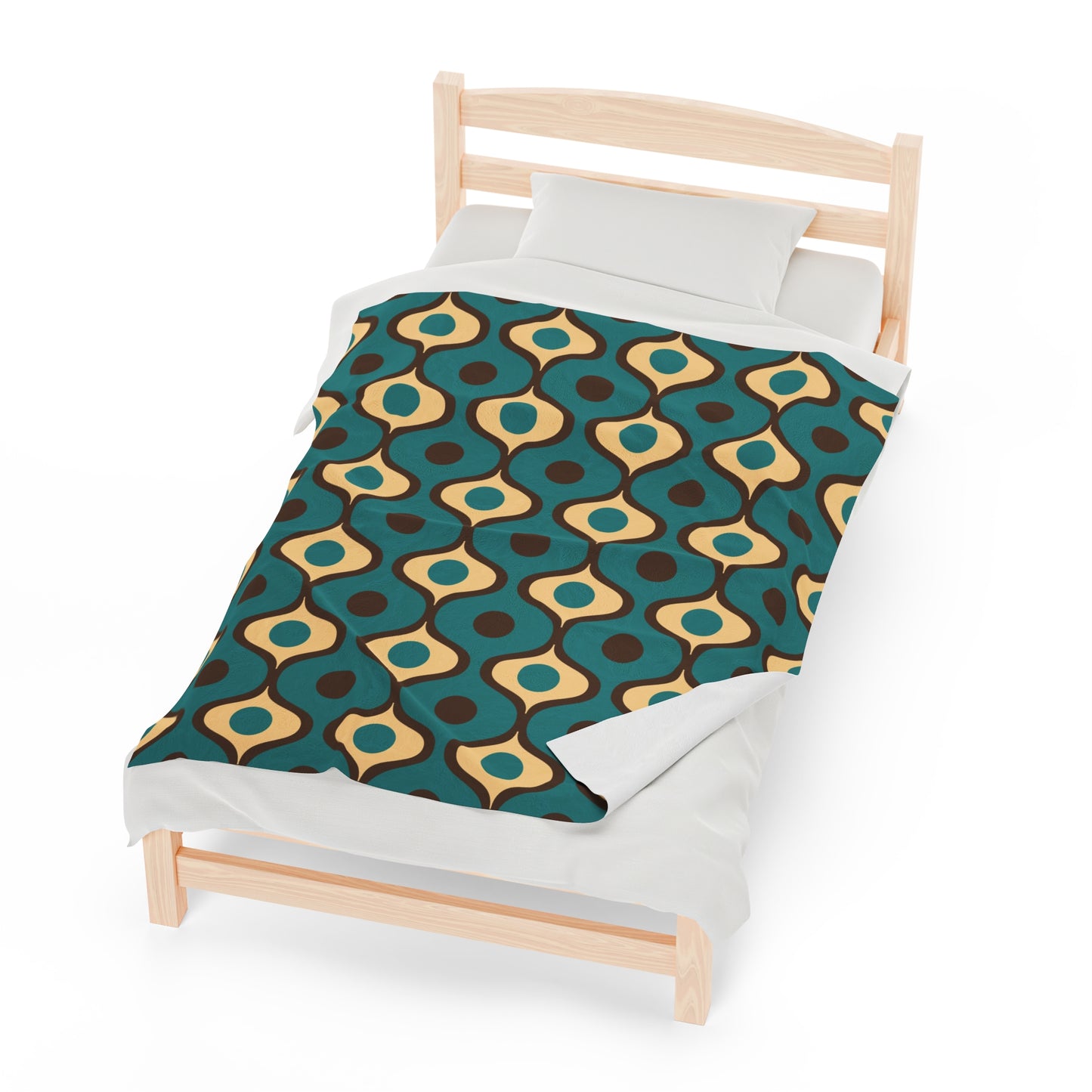 Retro 60s 70s Mid Century Mod Funky Geo Blue, Cream & Brown Lightweight Velveteen Blanket