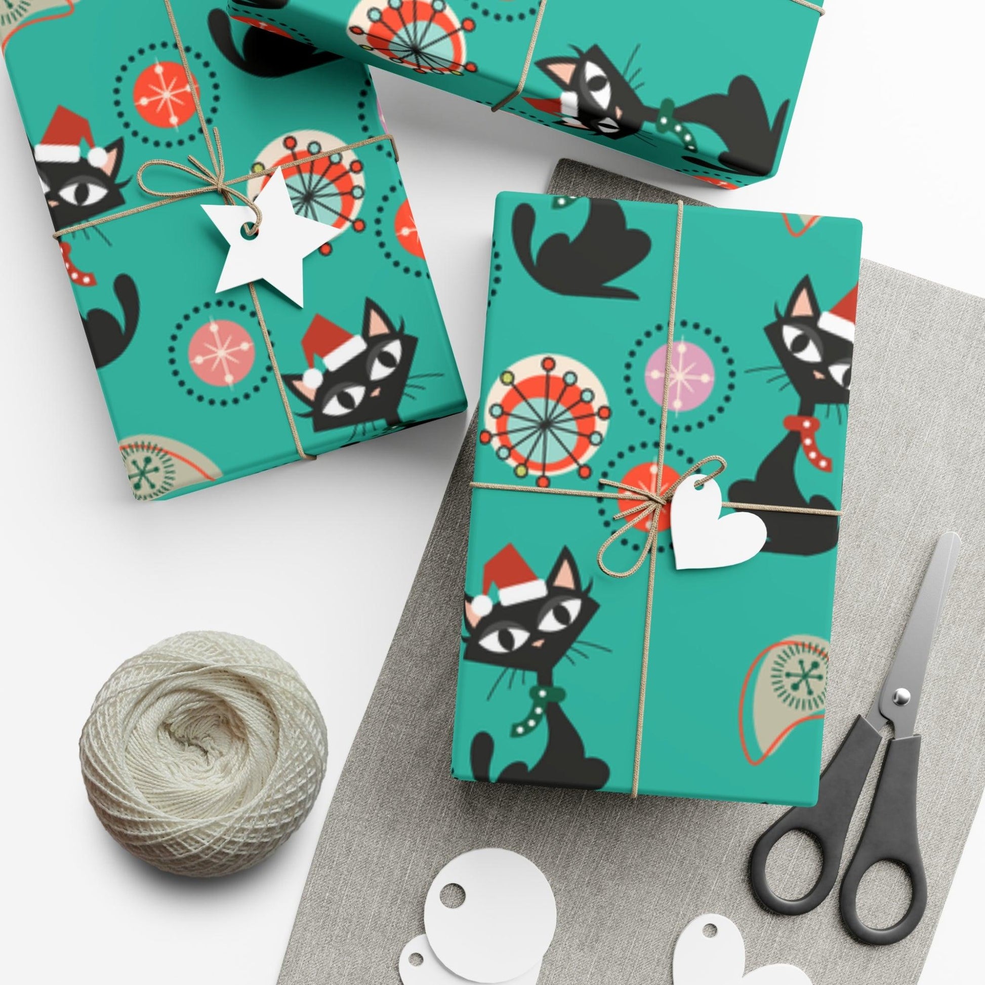 Retro 50's Atomic Cat Christmas Kitschy Mid Century Modern Teal Blue Eco-Friendly Wrapping Paper | lovevisionkarma.com