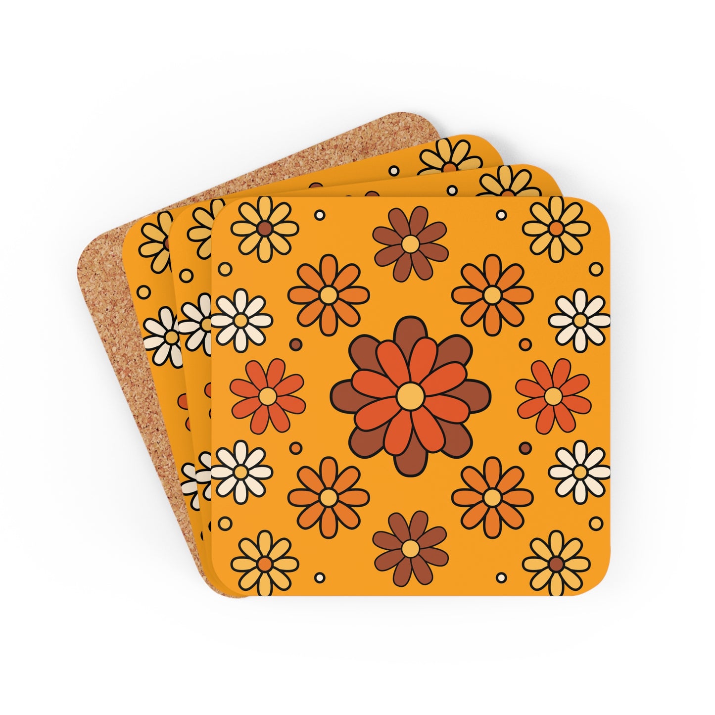 Retro 60s 70s Groovy Mod Daisy Mid Century Orange, Brown & Mustard Coaster Set