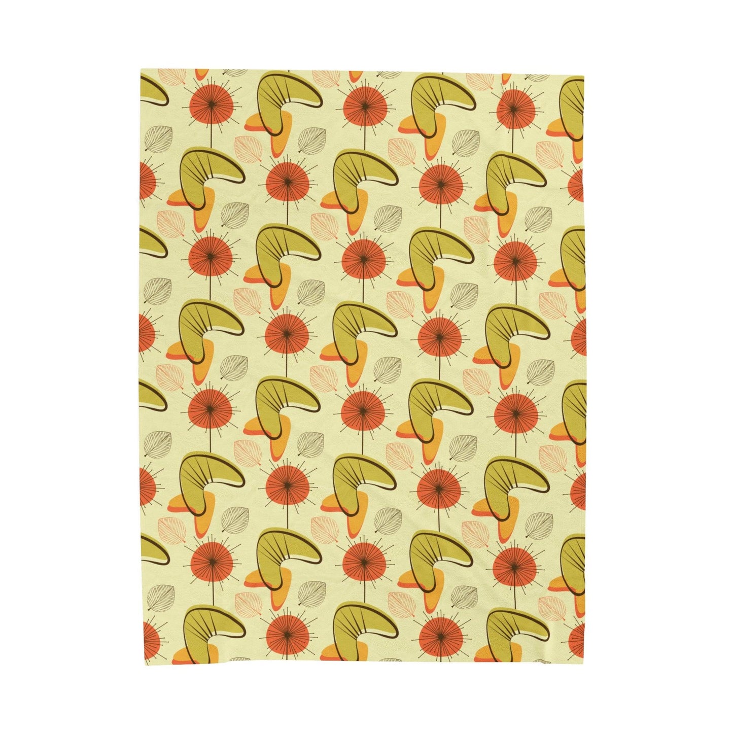 Retro Atomic Boomerangs & Leaves MCM Orange, Green & Yellow Lightweight Velveteen Blanket | lovevisionkarma.com