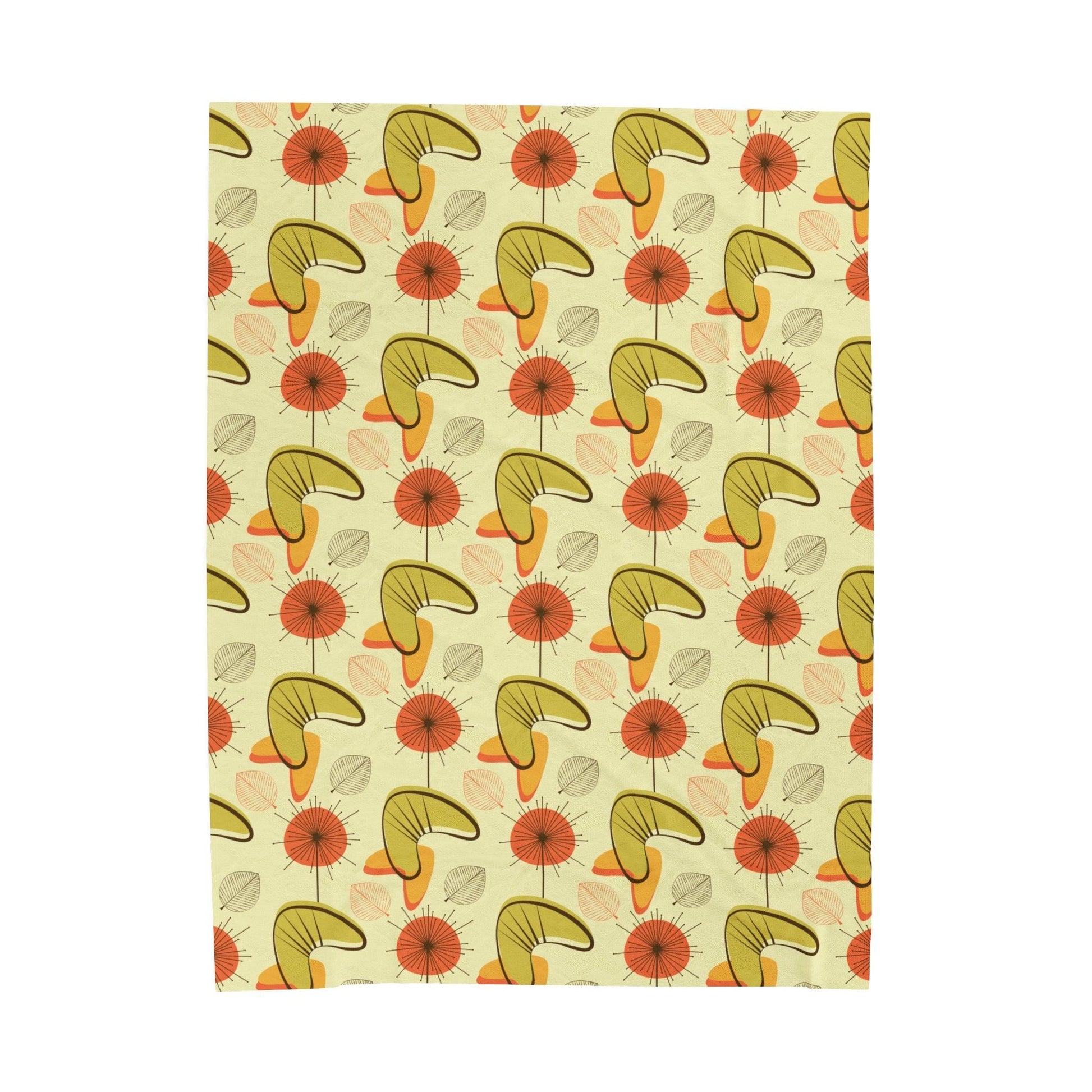 Retro Atomic Boomerangs & Leaves MCM Orange, Green & Yellow Lightweight Velveteen Blanket | lovevisionkarma.com