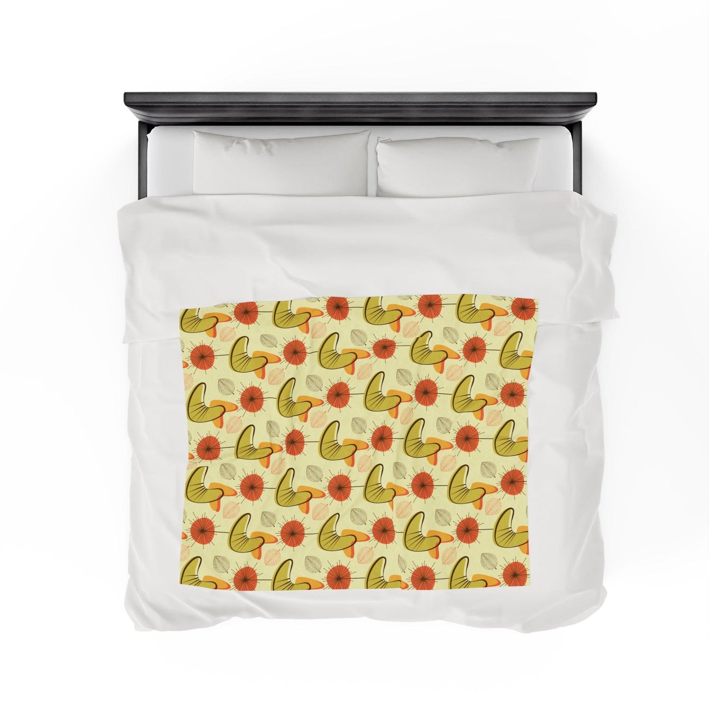 Retro Atomic Boomerangs & Leaves MCM Orange, Green & Yellow Lightweight Velveteen Blanket | lovevisionkarma.com