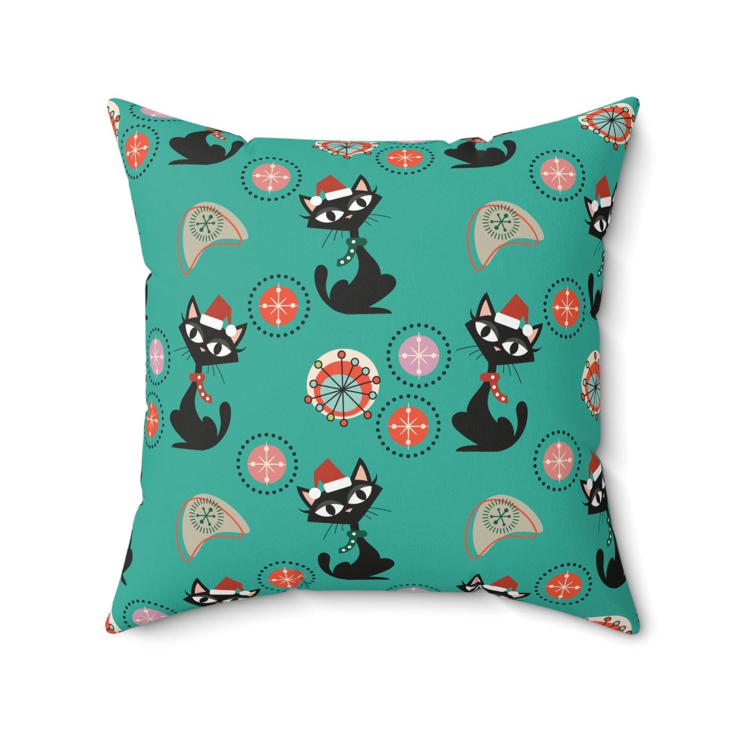 Retro Atomic Cats 1950's Christmas Mid Century Mod Teal Blue Throw Pillow | lovevisionkarma.com