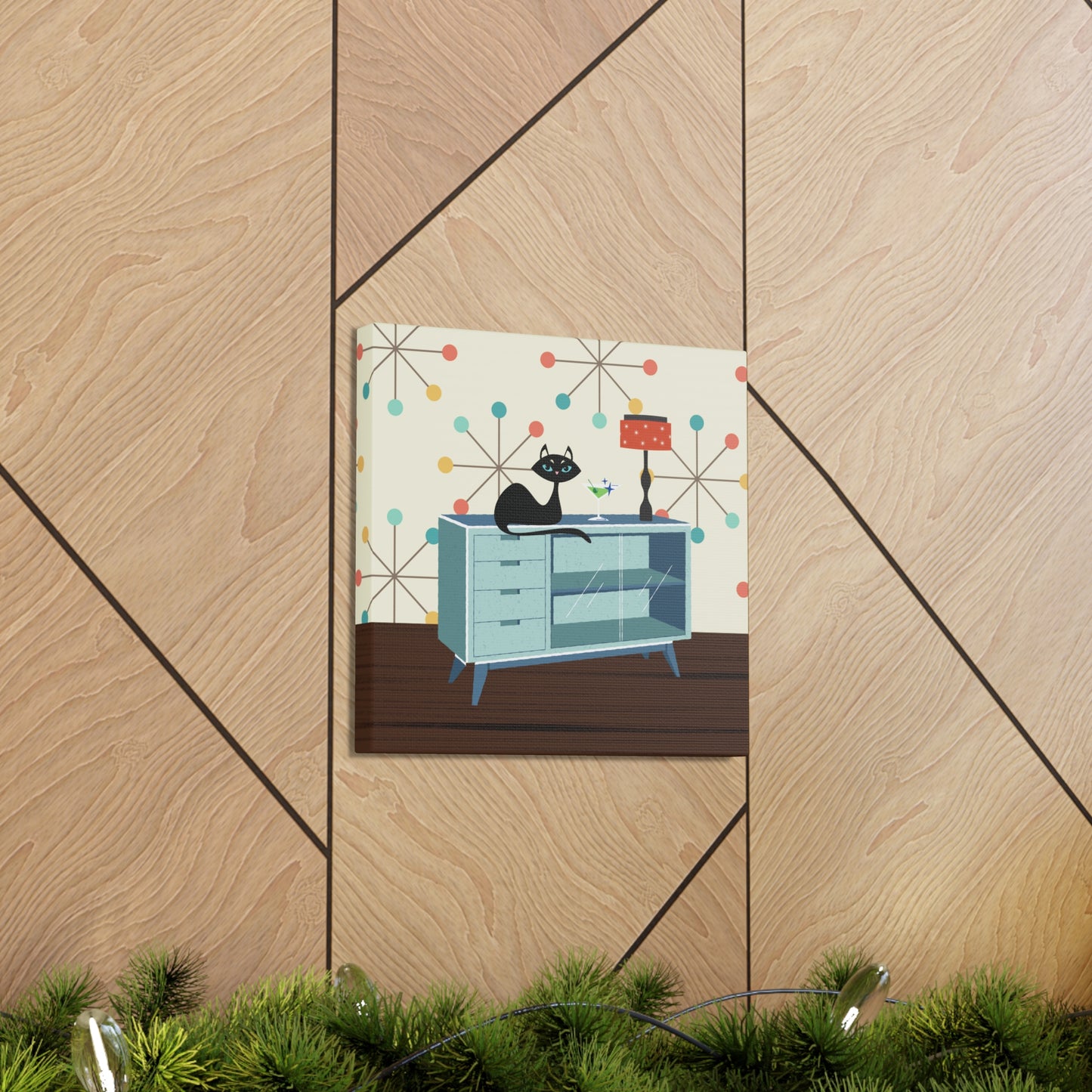 Retro 50s Atomic Cat Lounging Mid Century Mod Multicolor Canvas Gallery Wrap