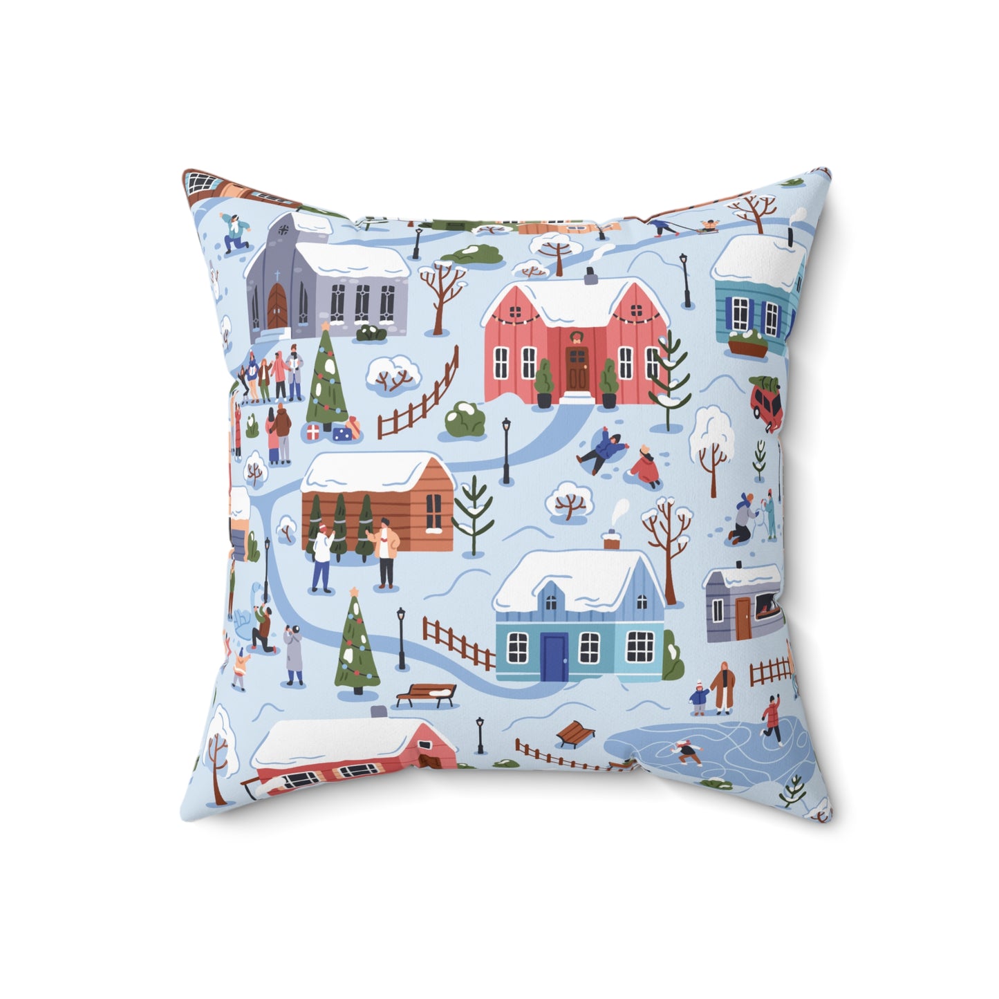 Small Town Christmas Village, Retro Vintage Winter Scene, Multicolor Holiday Throw Pillow