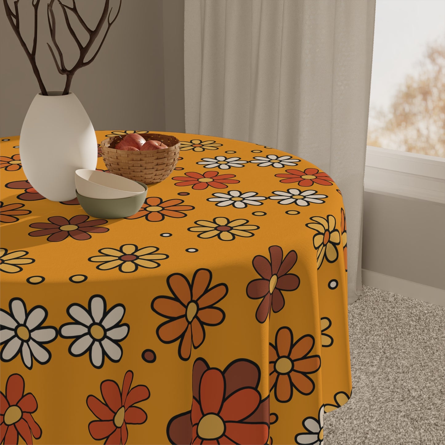 Retro 60s 70s Groovy Mod Daisy Mid Century Modern Brown, Orange & Mustard Tablecloth