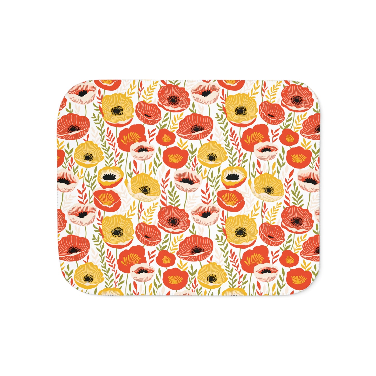 Retro 60's Mid Century Mod Poppies Floral Cottagecore Yellow, Orange & Green Sherpa Blanket