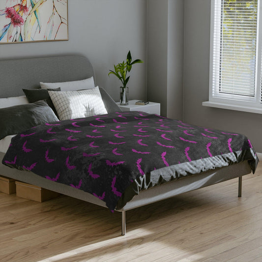 Purple Bats Creepy Halloween Distressed Black Velveteen Minky Blanket | lovevisionkarma.com
