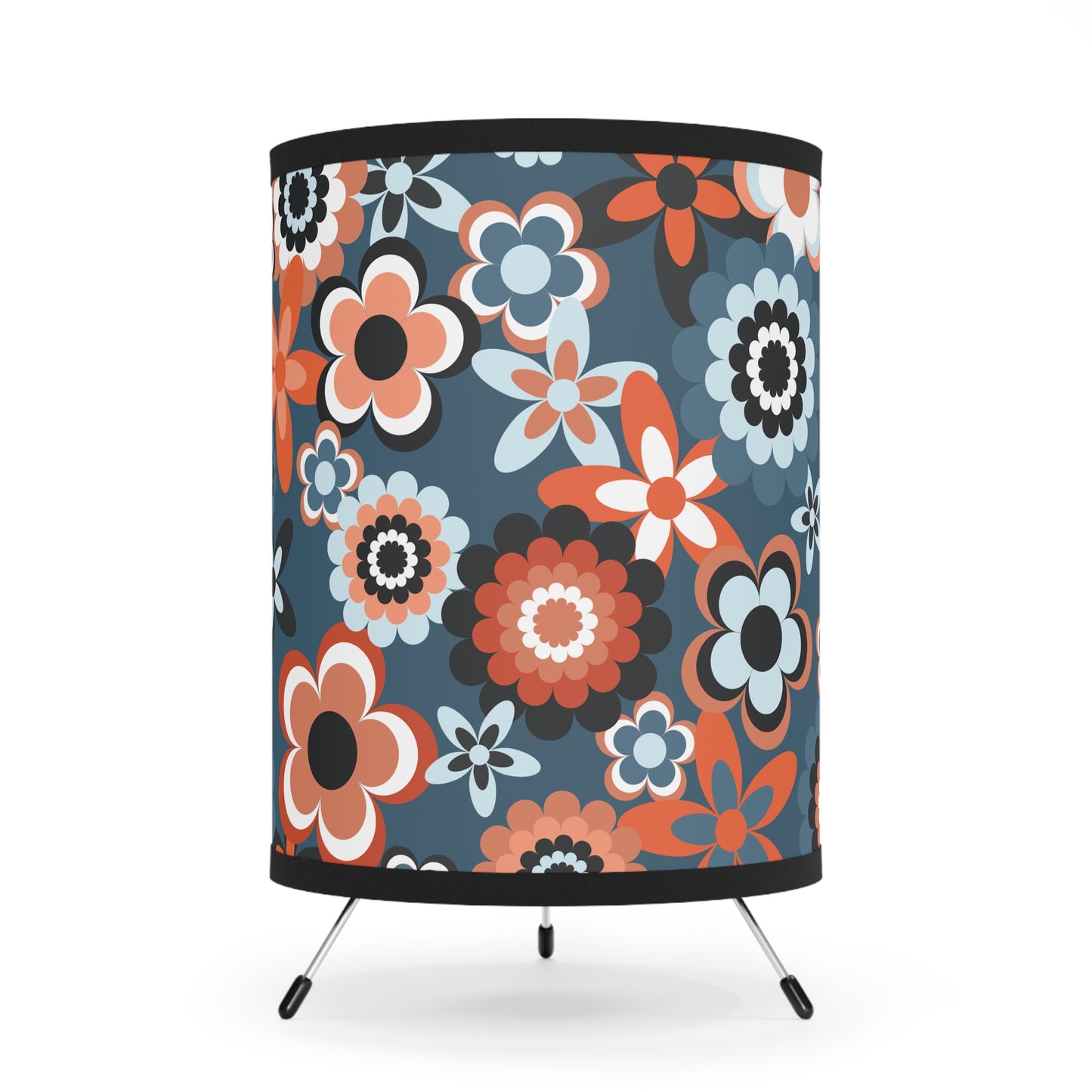 Retro 60s 70s Groovy Flowers Mid Century Mod Coral & Blue Tripod Accent Lamp