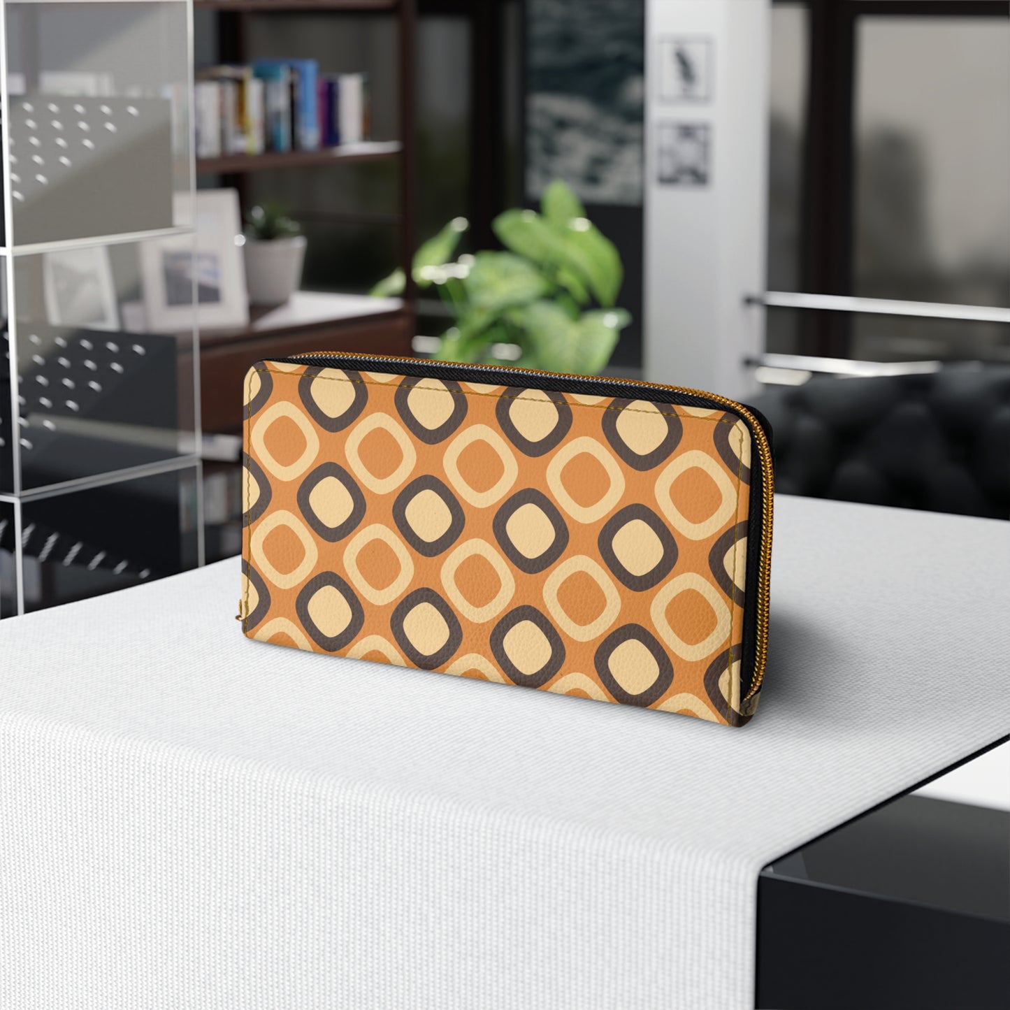 Retro 60s 70s Mod Squares MCM Orange, Brown Zipper Wallet