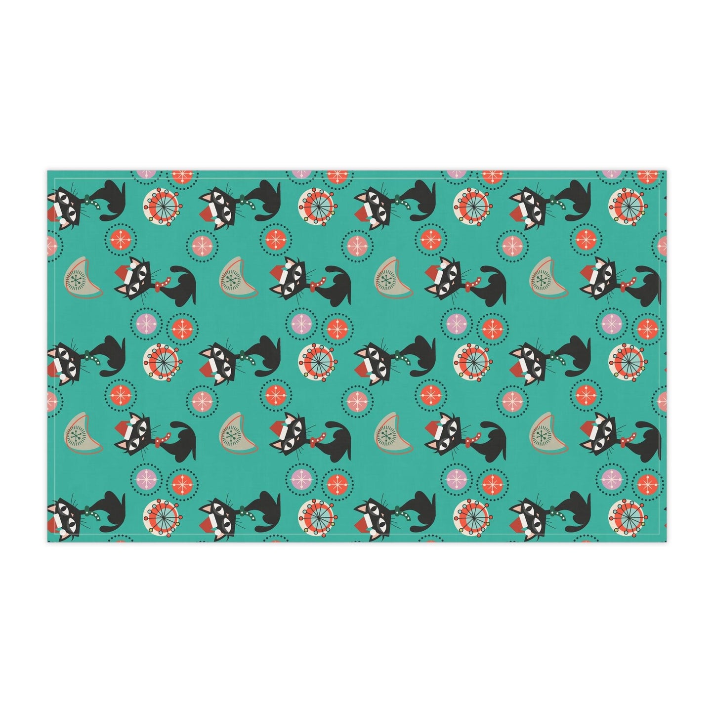 Retro 50s Atomic Cat Christmas Teal Blue Mid Century Modern Kitchen Tea Towel | lovevisionkarma.com