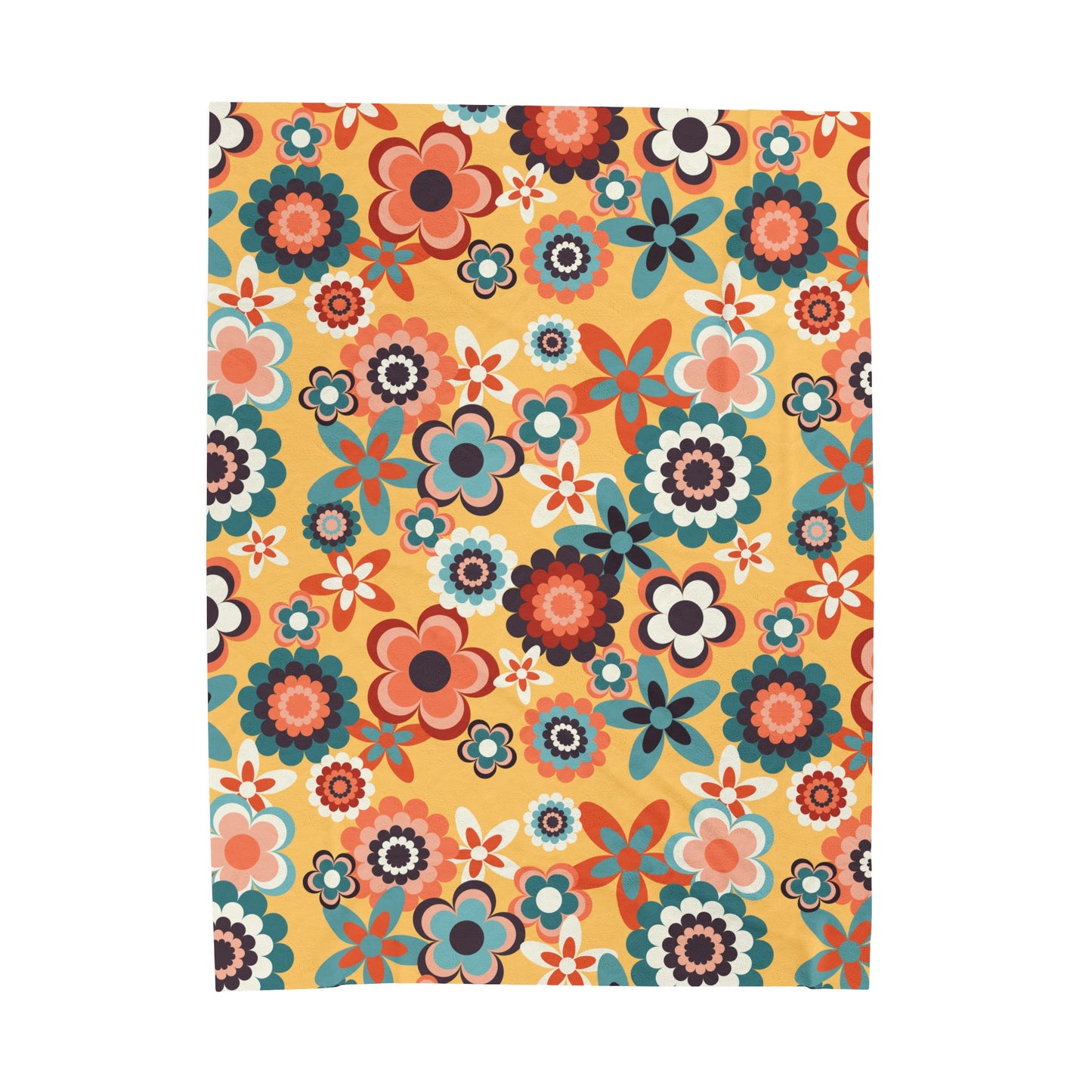 Retro 60s 70s Groovy Flowers Boho MCM Yellow, Coral & Blue Velveteen Lightweight Blanket
