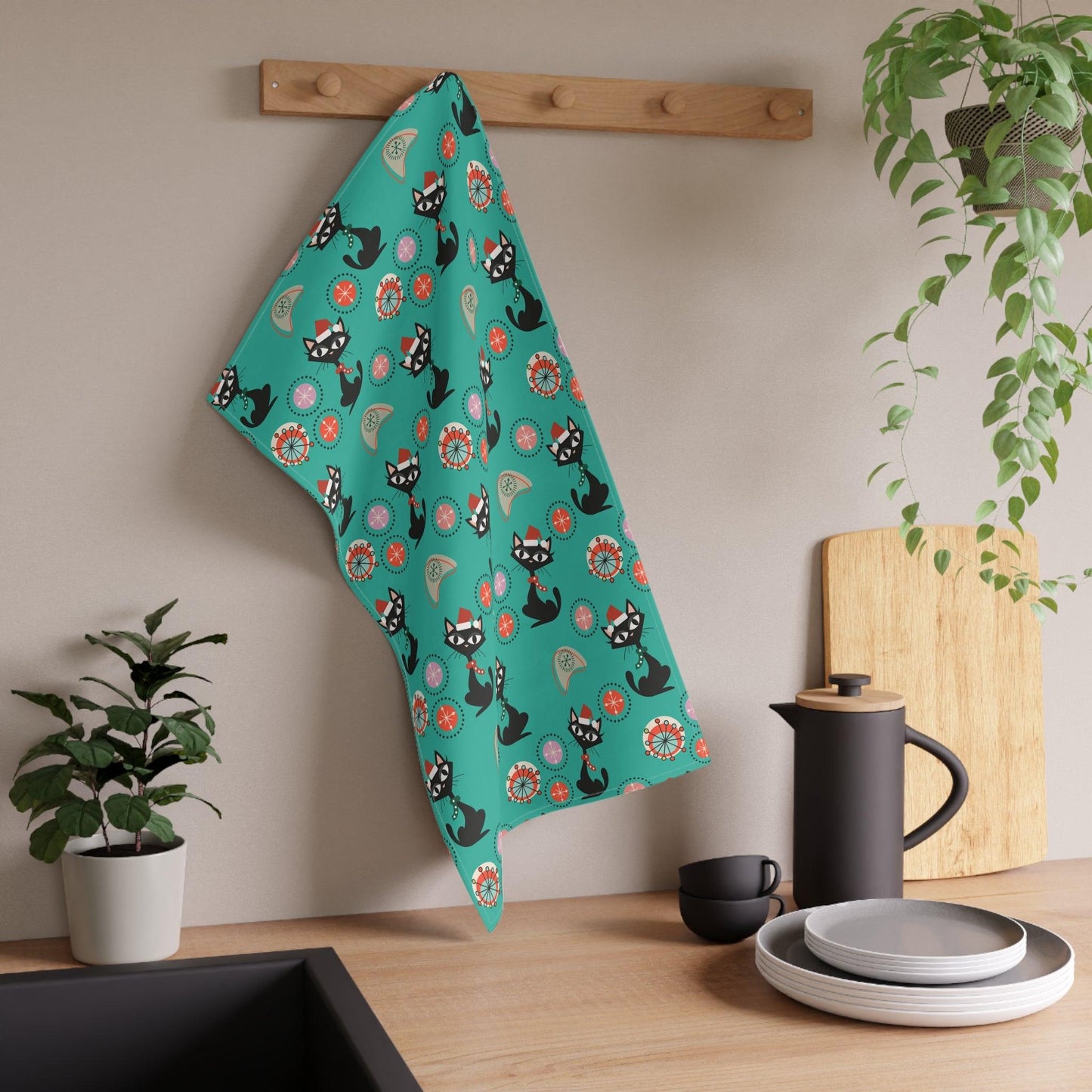 Retro 50s Atomic Cat Christmas Teal Blue Mid Century Modern Kitchen Tea Towel | lovevisionkarma.com