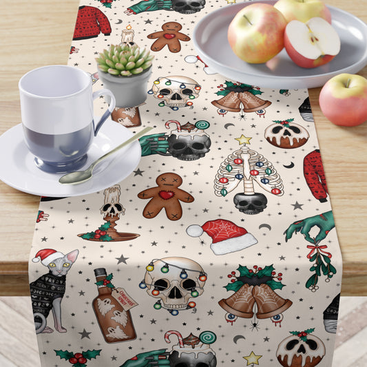Kitschy Kawaii Goth Christmas, Creepy Cute Whimsigoth Multicolor Creepmas Table Runner