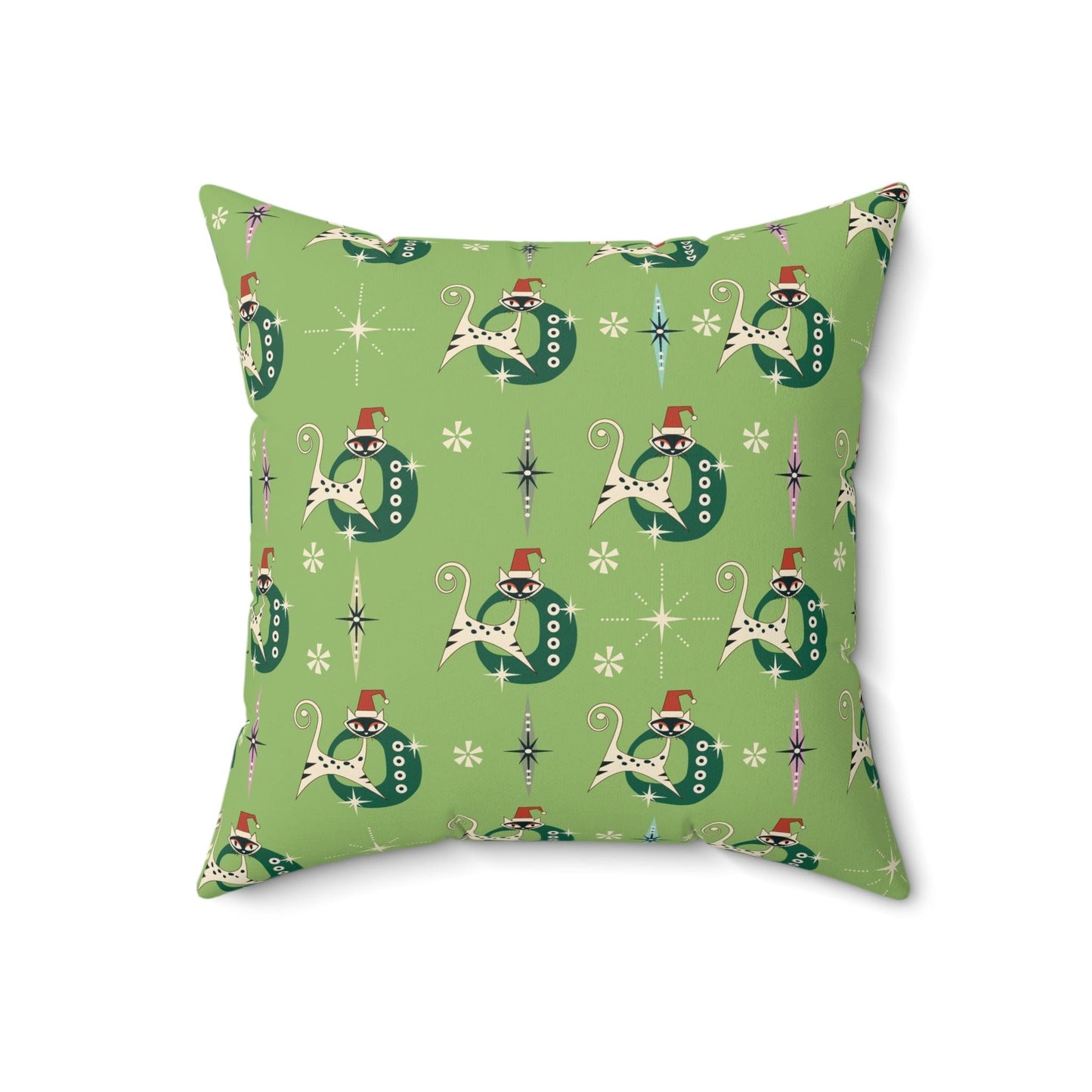 Retro 50s Kitsch Atomic Cats Mid Century Mod Light Green Christmas Throw Pillow | lovevisionkarma.com