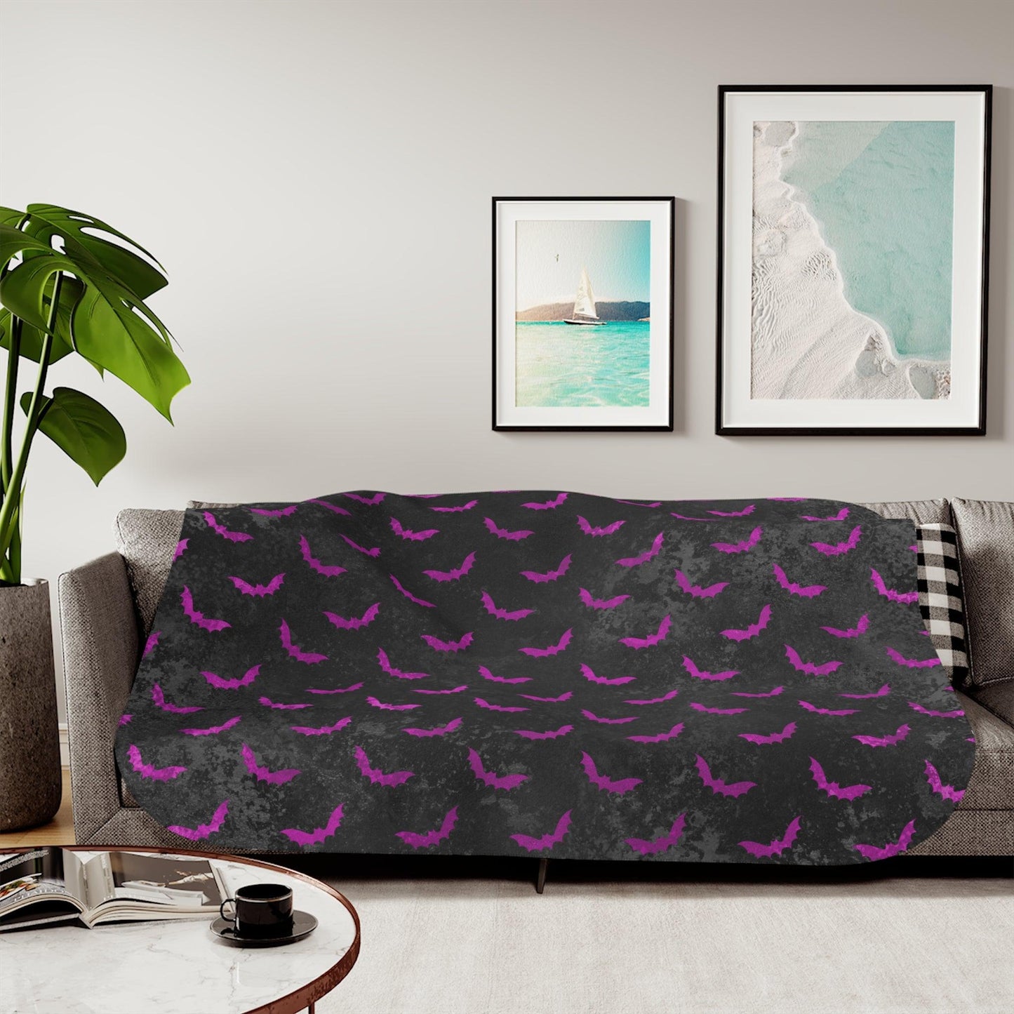 Purple Bats, Distressed Black Halloween Sherpa Blanket | lovevisionkarma.com