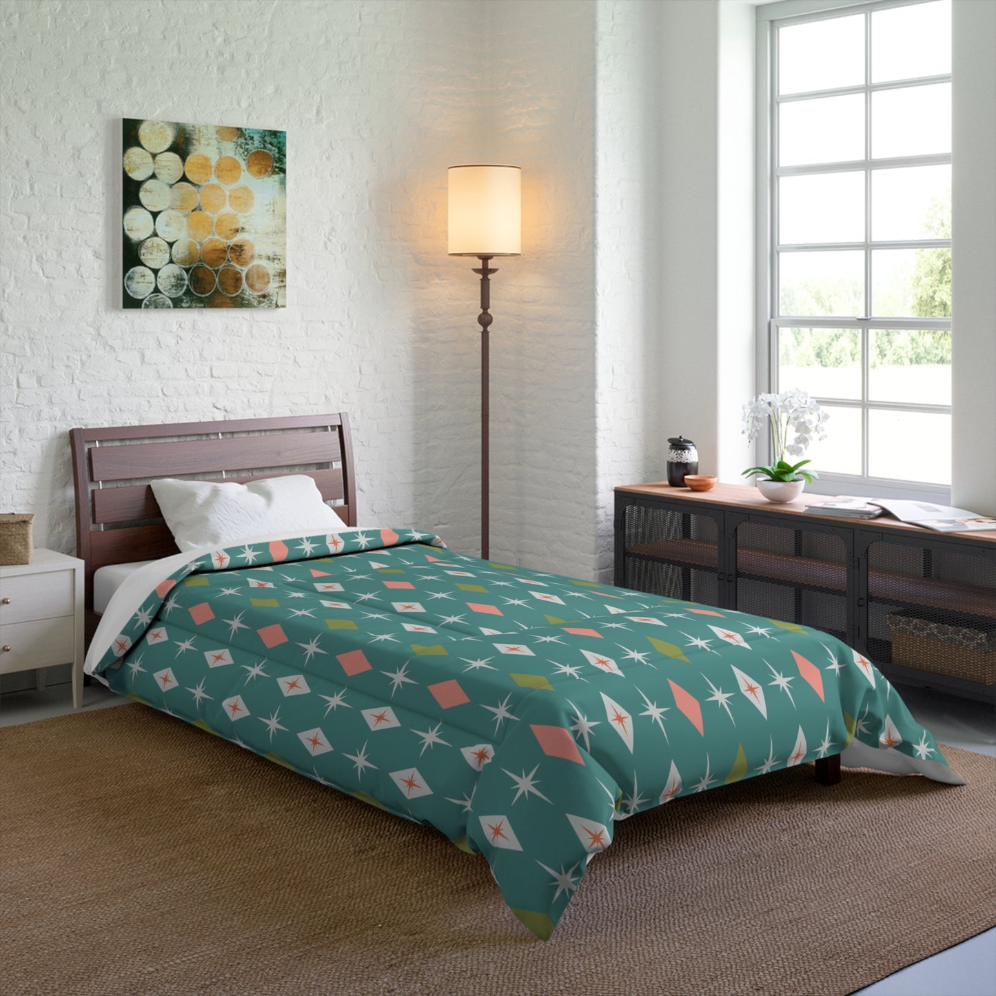 Retro 50s Atomic Burst & Diamond Mid Century Mod Teal, Pink & Green Comforter