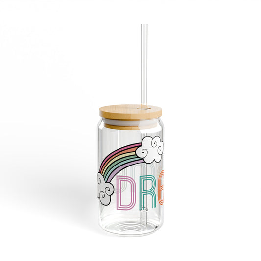 Rainbow and Cloud Dreamer Retro Aesthetic Multicolor Glass Can Sipper
