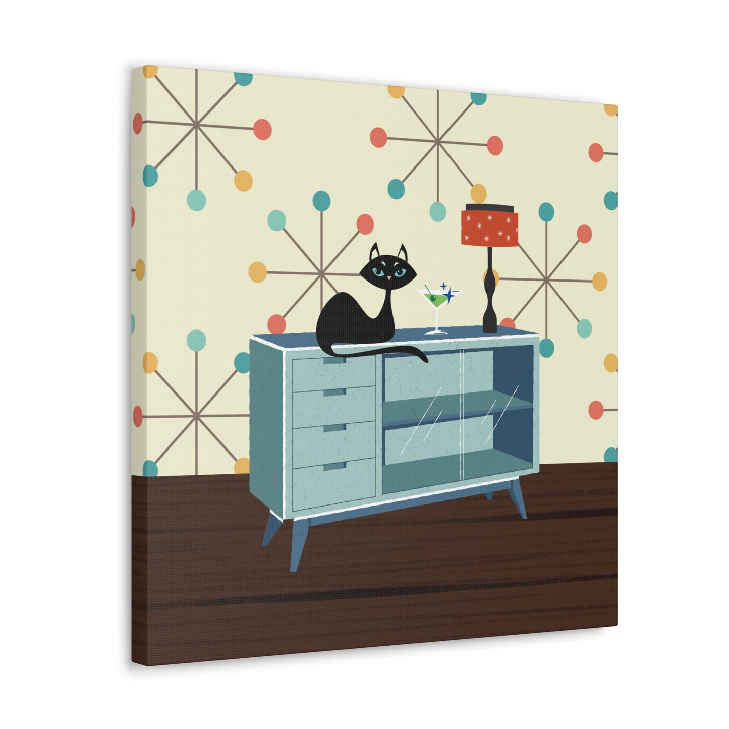 Retro 50s Atomic Cat Lounging Mid Century Mod Multicolor Canvas Gallery Wrap