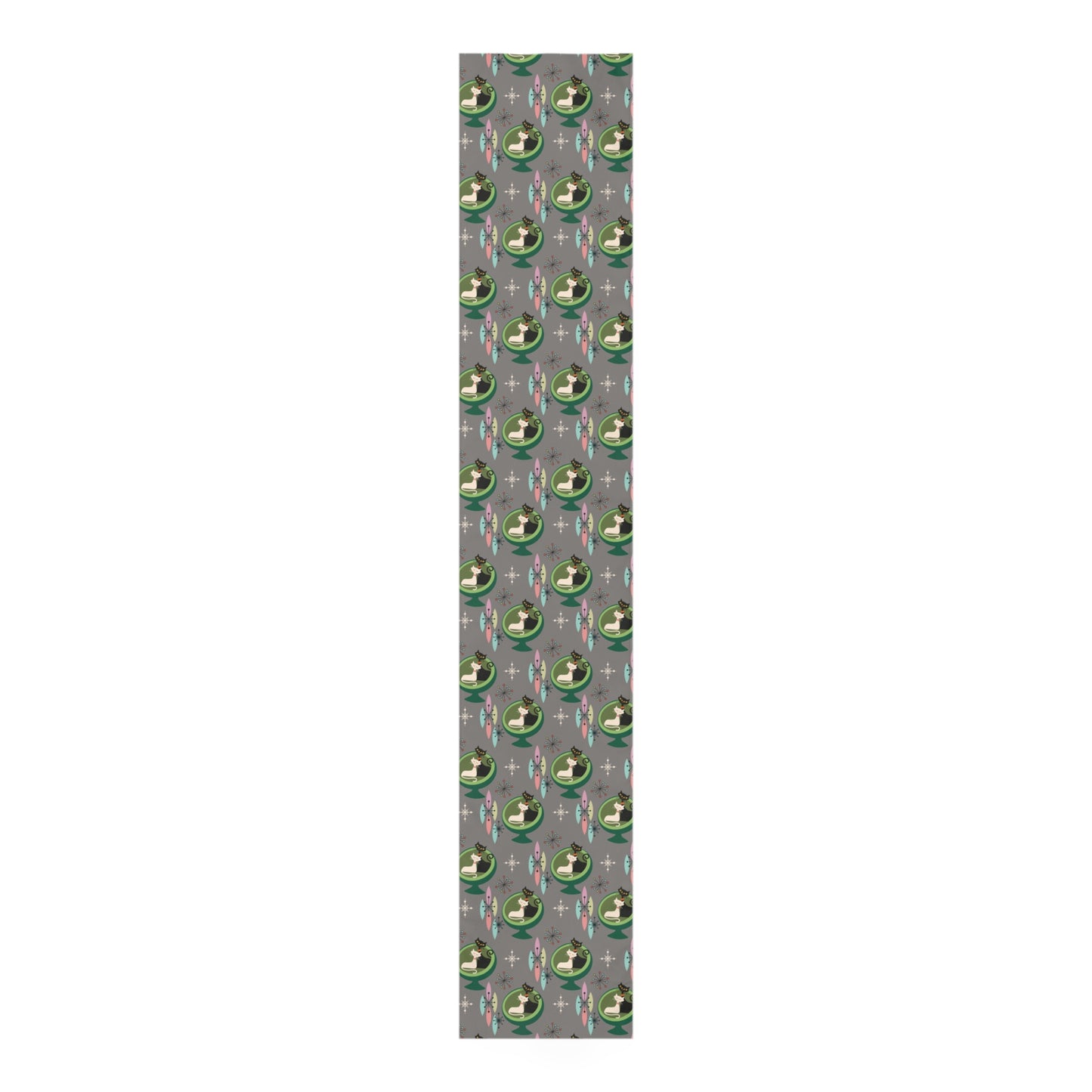 Retro 50s Atomic Cats Space Age, Mid Century Modern Gray Table Runner