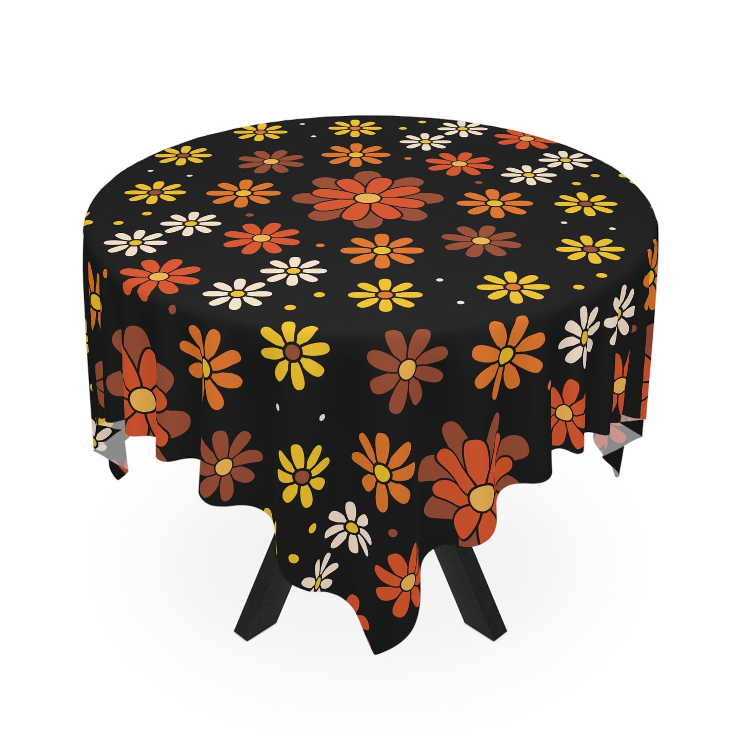 Retro 60s 70s Groovy Mod Daisy Floral Mid Century Black, Brown & Orange Tablecloth