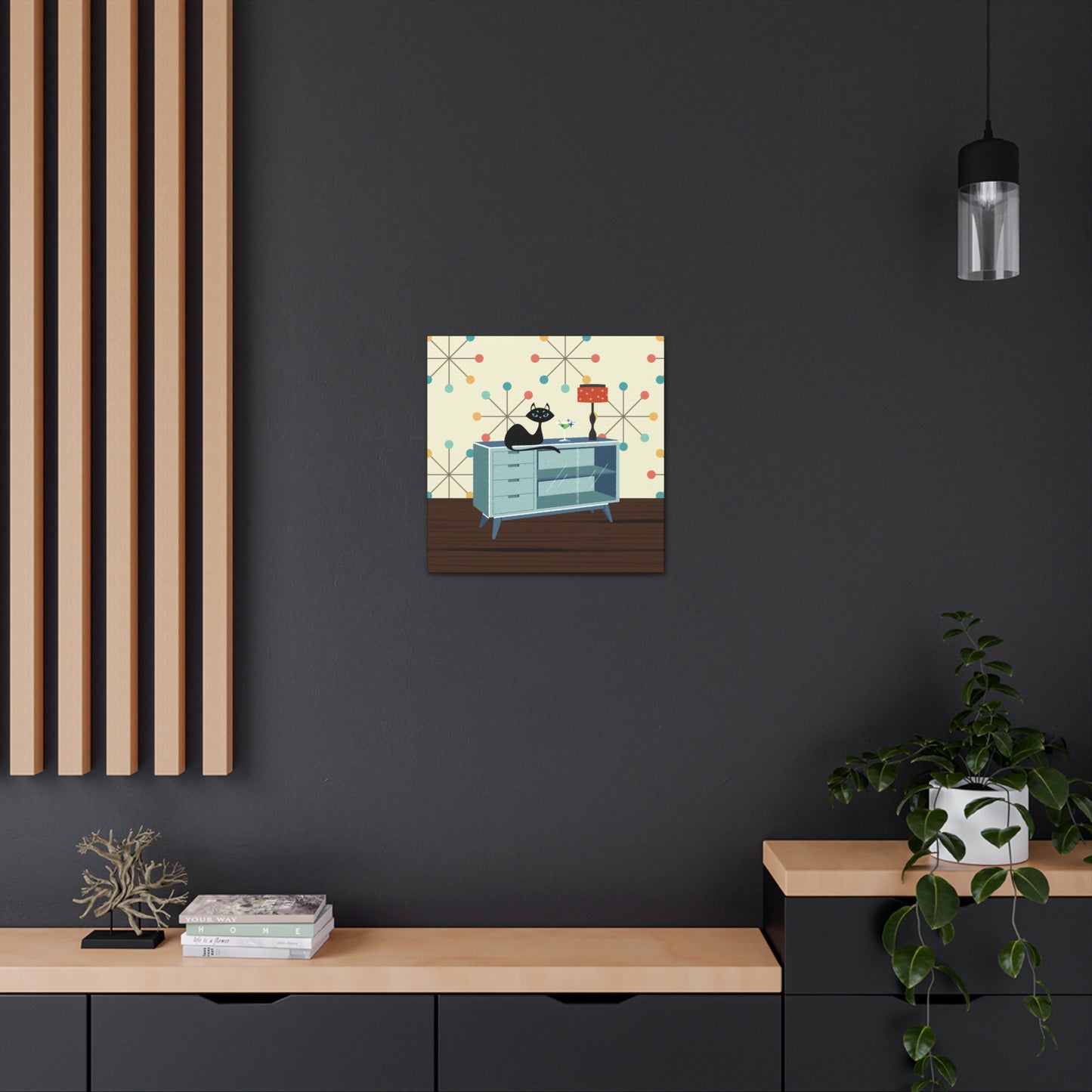Retro 50s Atomic Cat Lounging Mid Century Mod Multicolor Canvas Gallery Wrap