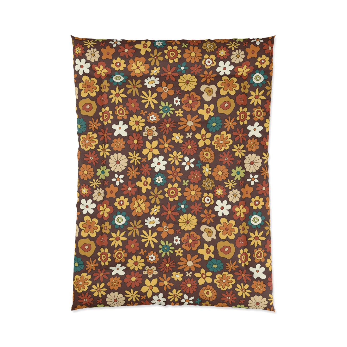 Retro 60s 70s Groovy Floral Mid Century Modern Brown Boho Comforter