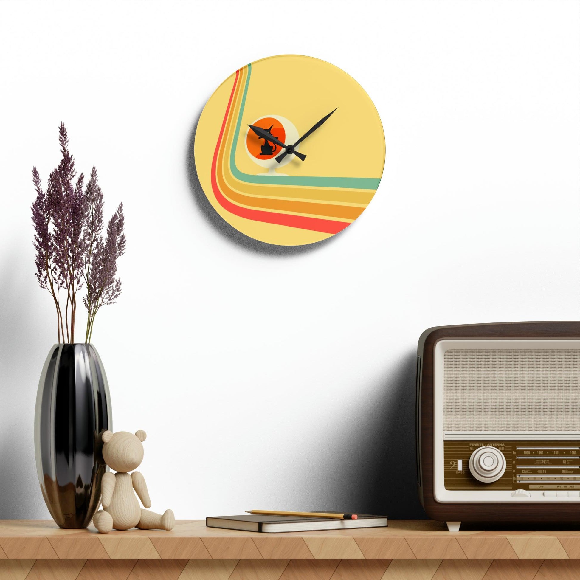 Retro Atomic Cat in Ball Chair, Yellow Mid Century Mod Acrylic Wall Clock | lovevisionkarma.com