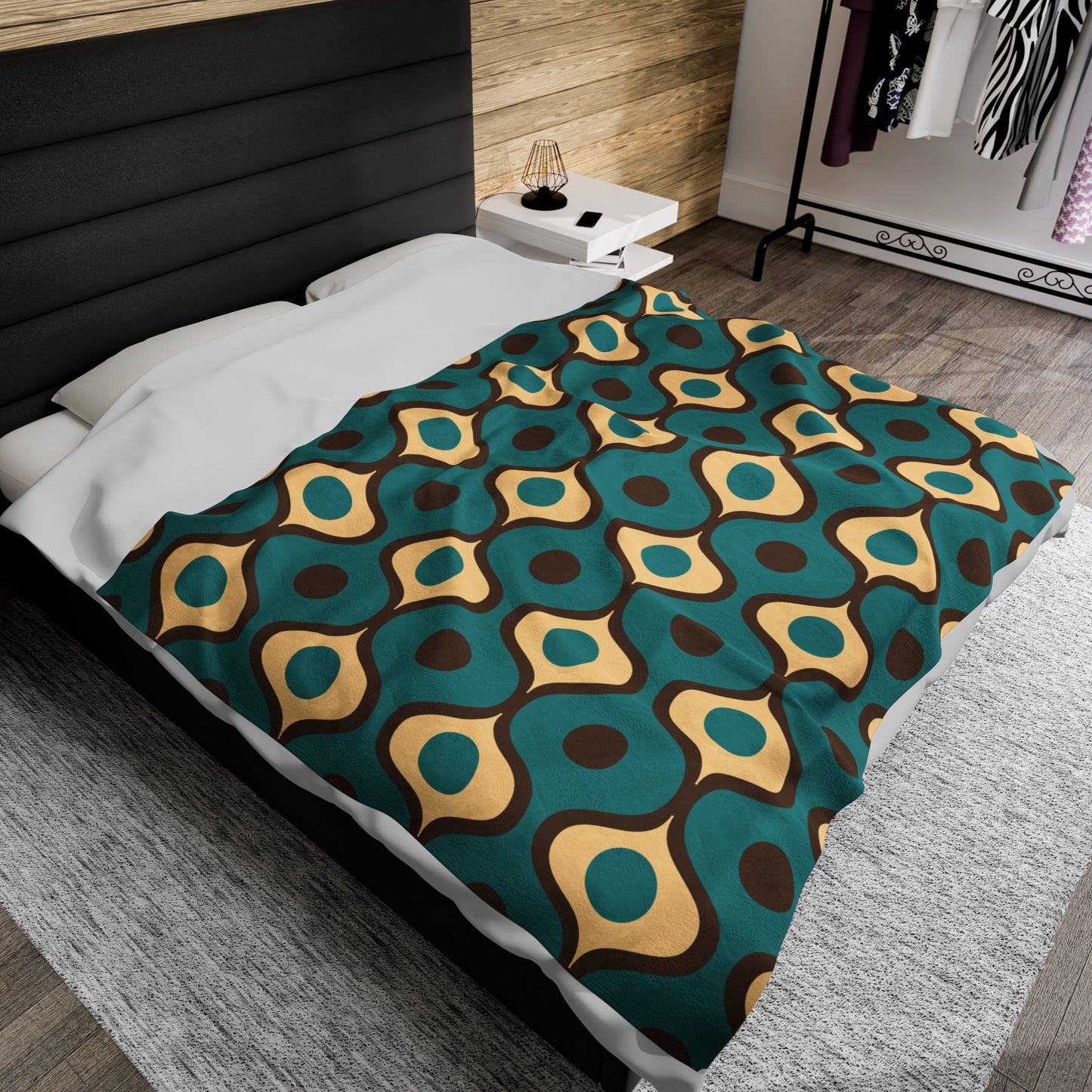 Retro 60s 70s Mid Century Mod Funky Geo Blue, Cream & Brown Lightweight Velveteen Blanket