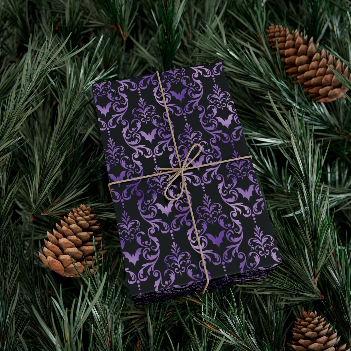 Purple Damask Bats, Victorian Goth Inspired, Dark Academia Goth Christmas & Creepmas Glam Goth Black Gift Wrap Paper