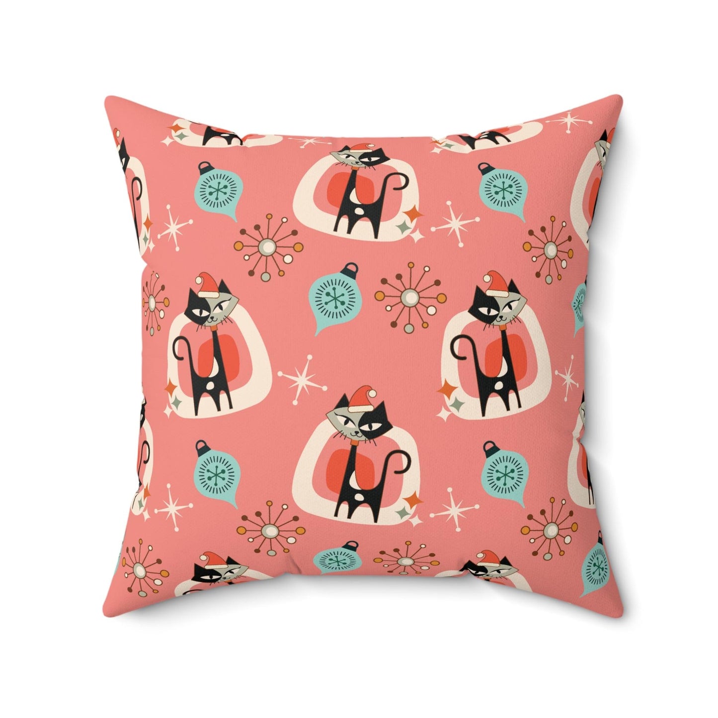 Retro 1950s Christmas Atomic Cats Mid Century Mod Pink Coral Throw Pillow | lovevisionkarma.com