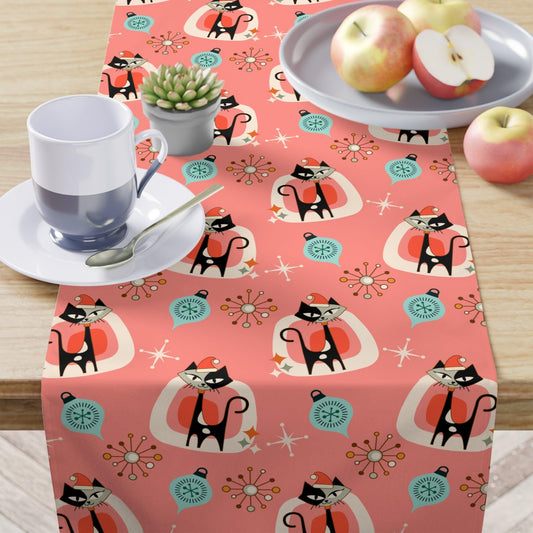 Retro Atomic 1950s Christmas Cats Mid Century Coral Pink Christmas Table Runner | lovevisionkarma.com