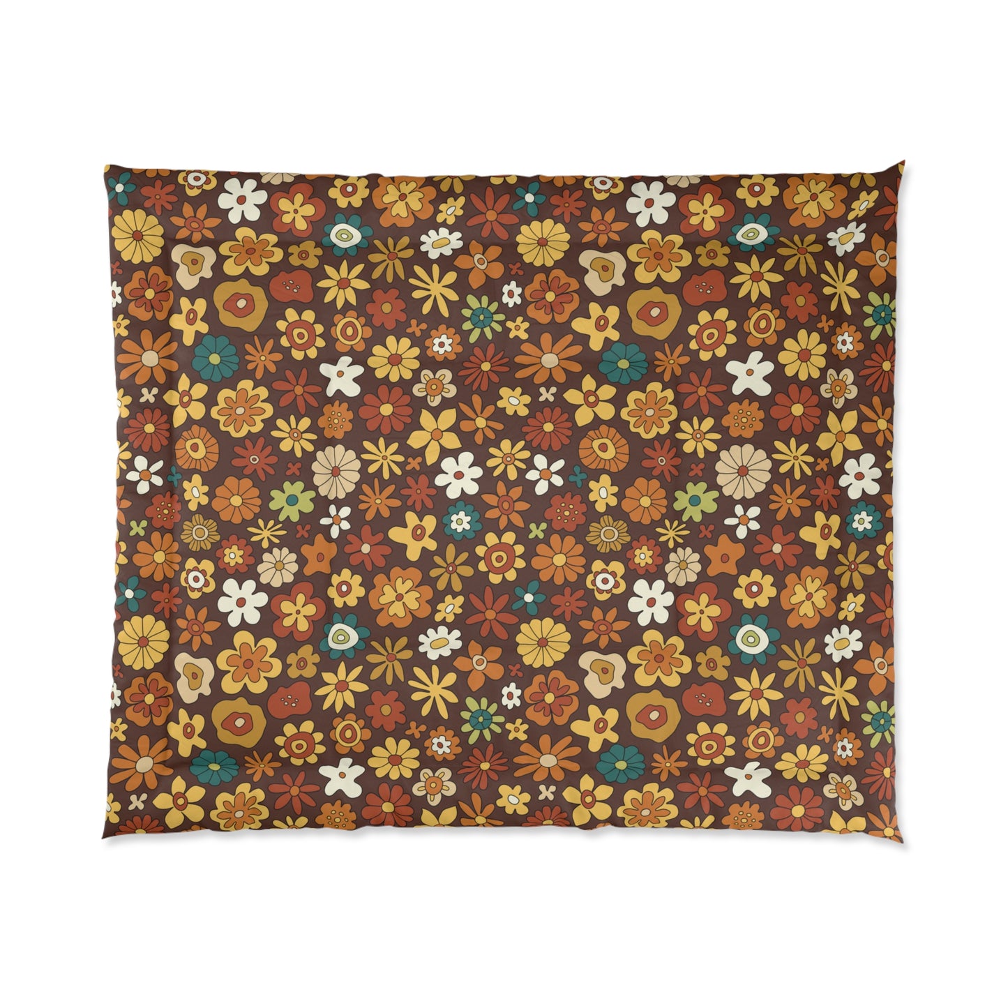 Retro 60s 70s Groovy Floral Mid Century Modern Brown Boho Comforter