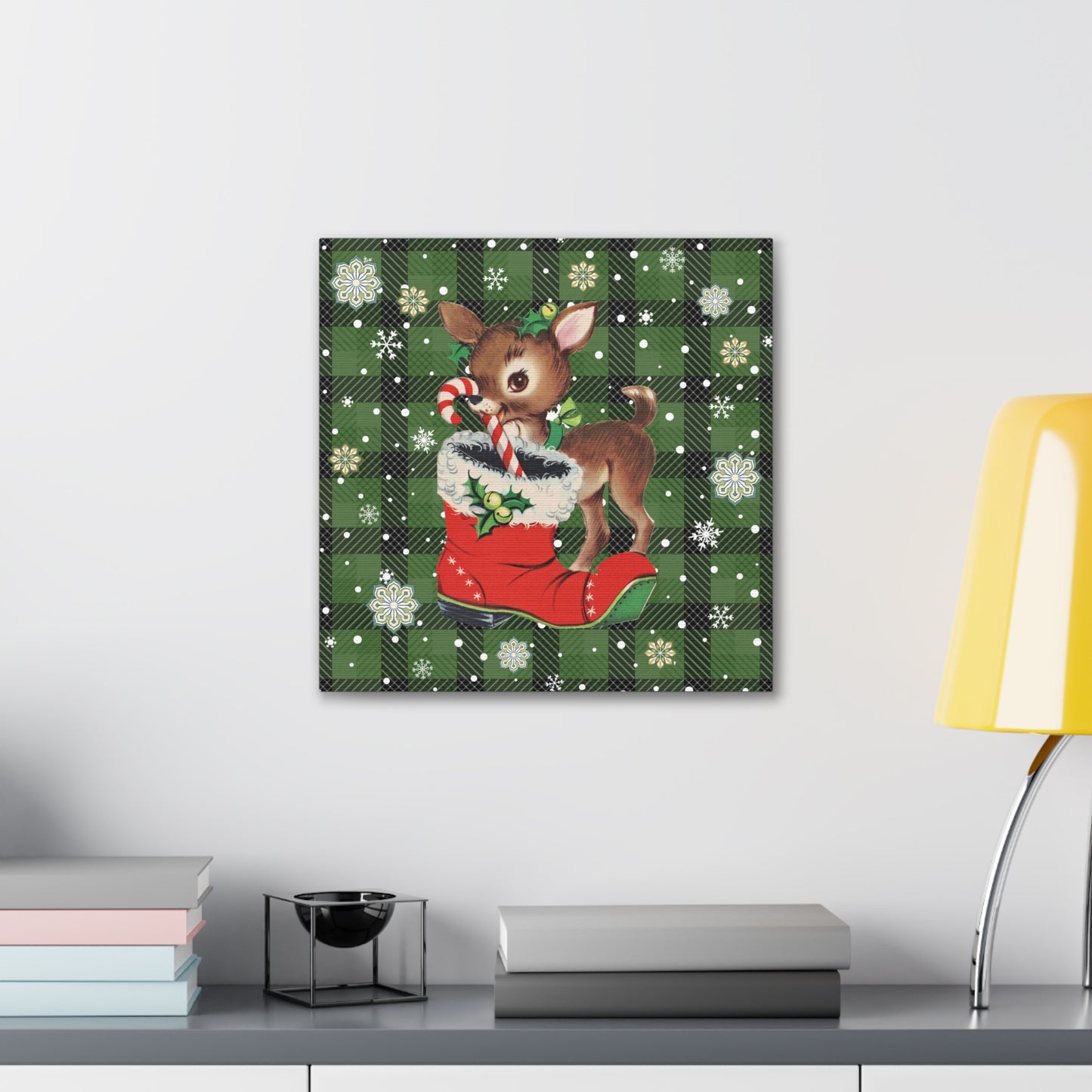 Retro 50s Christmas Vintage Reindeer MCM Green Canvas Gallery Wrap