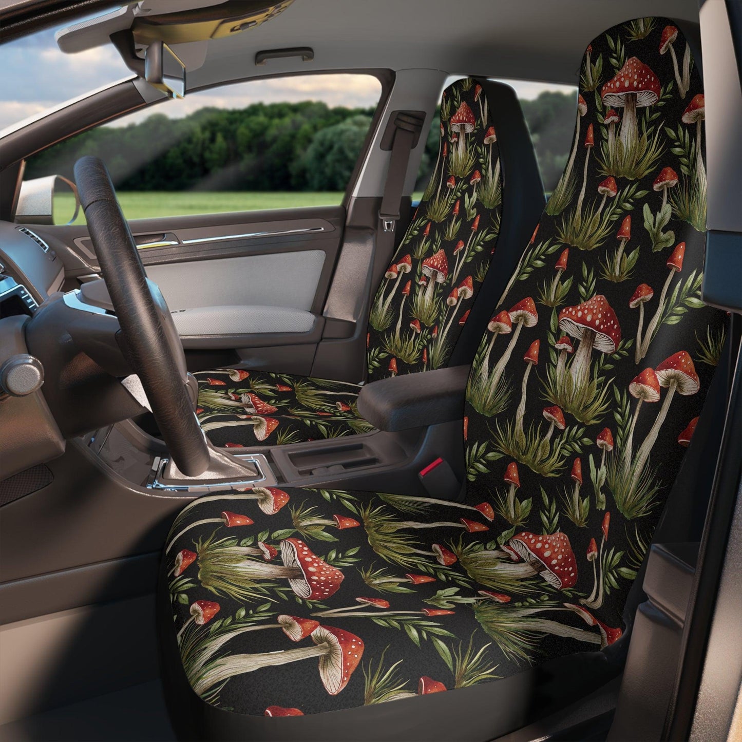 Amanita Muscaria Mushroom, Dark Cottagecore Watercolor Black, Red & Green Car Seat Covers | lovevisionkarma.com