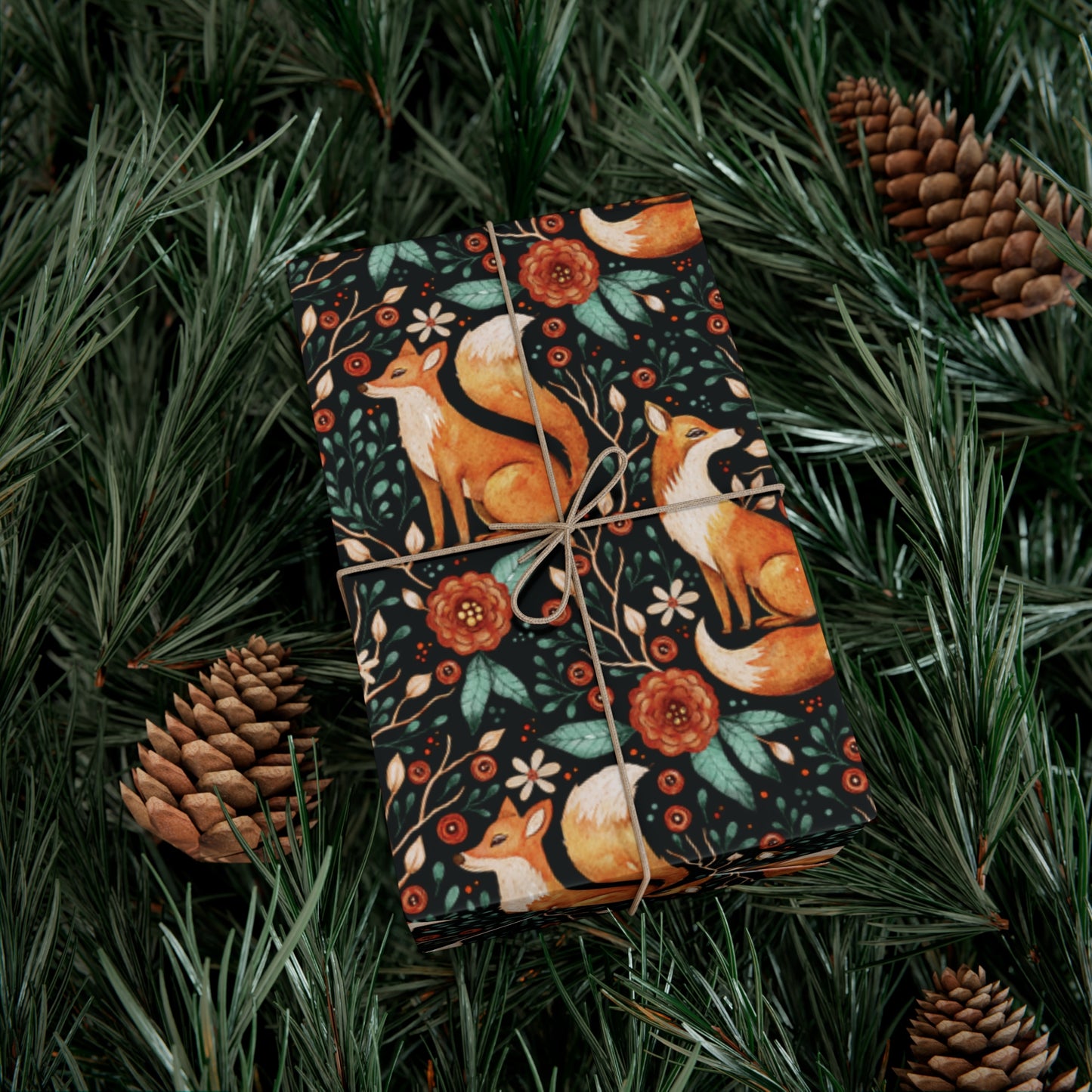 Enchanted Woodland Fox, Dark Cottagecore Watercolor Style Black Eco-Friendly Gift Wrap