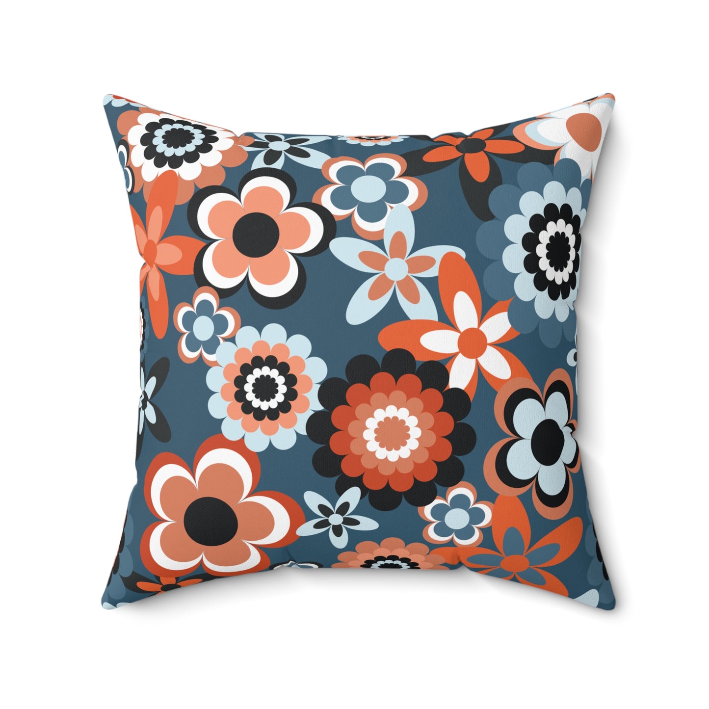 Retro 60s 70s Groovy Flowers Boho Mid Century Mod Coral & Blue Throw Pillow