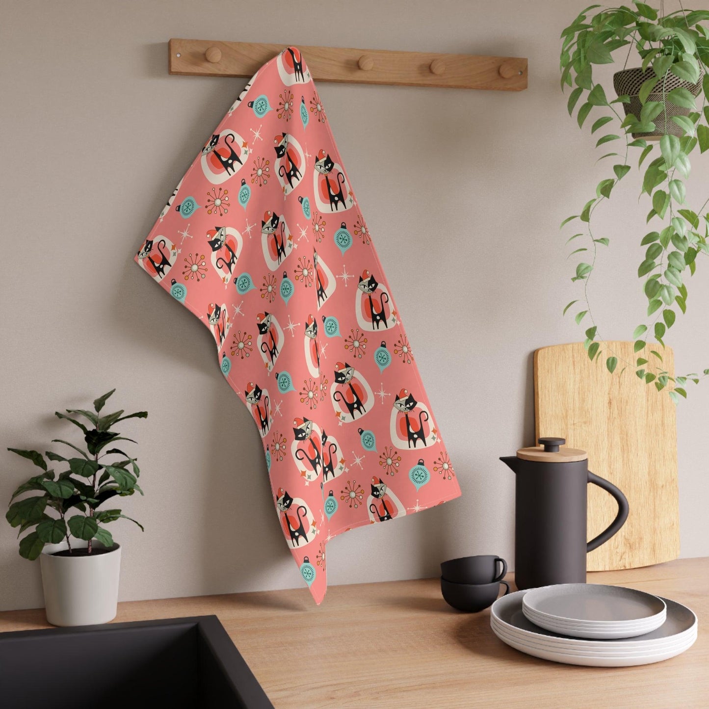 Retro 50s Atomic Cats Mid Century Modern Pink Coral Christmas Kitchen Tea Towel | lovevisionkarma.com
