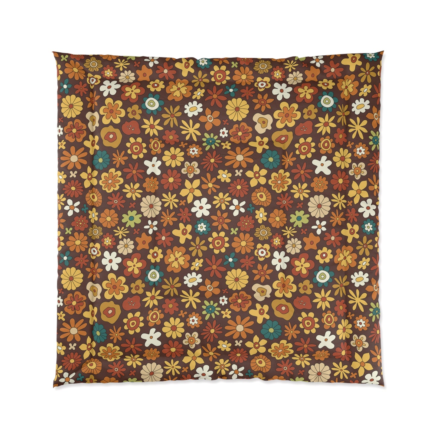 Retro 60s 70s Groovy Floral Mid Century Modern Brown Boho Comforter