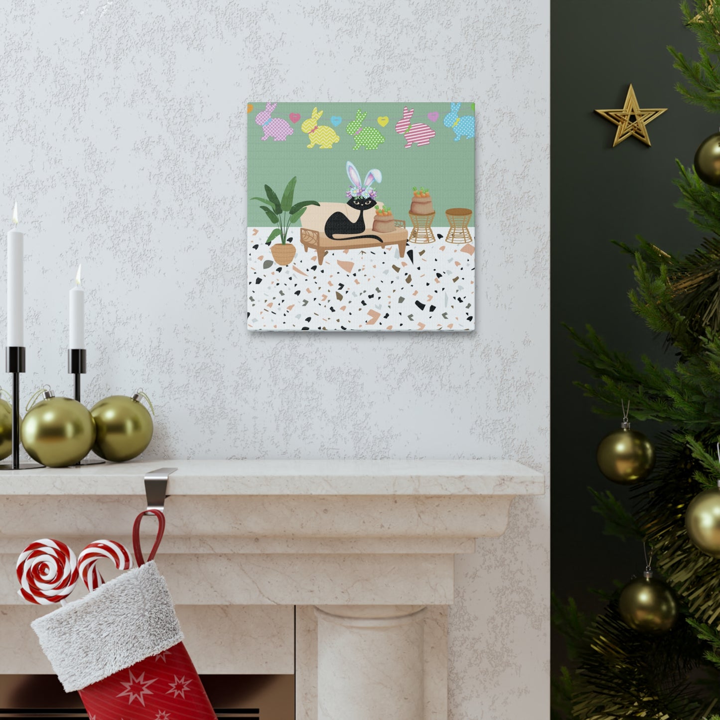 Retro Easter 1950's Atomic Cat Mid Century Mod Canvas Gallery Wrap