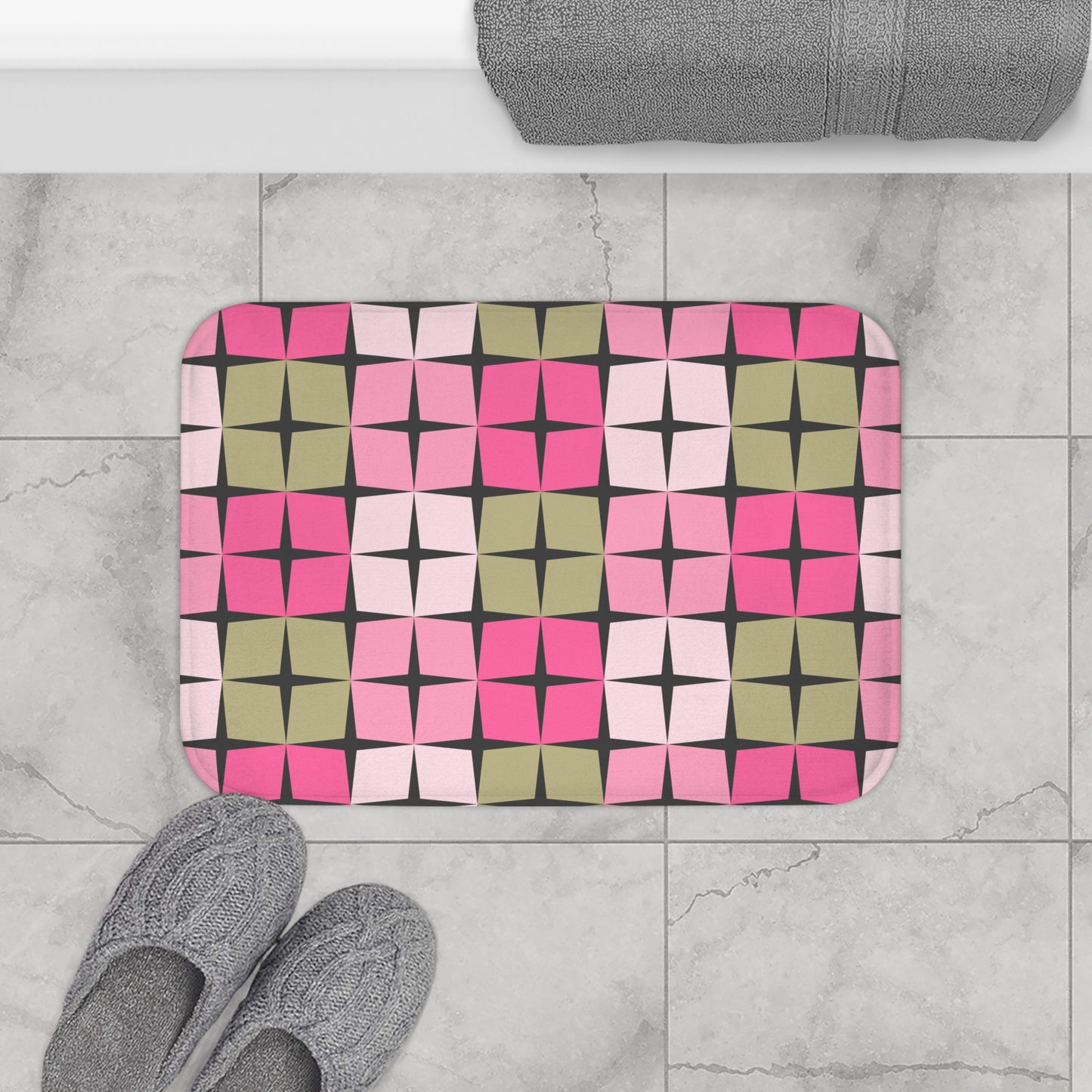 Palm Springs Inspired Retro 50s 60s Atomic Star Mid Century Mod Pink & Green Bath Mat